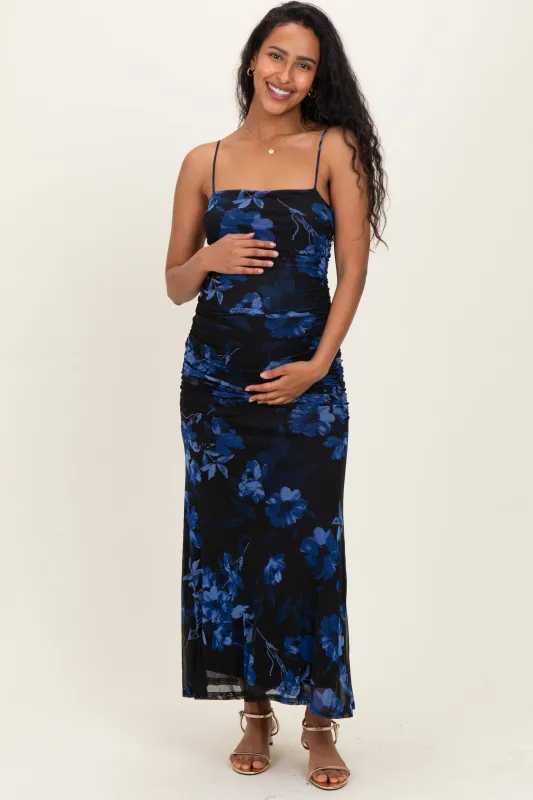 Black Floral Ruched Mesh Maternity Maxi Dress sold by Pinkblush