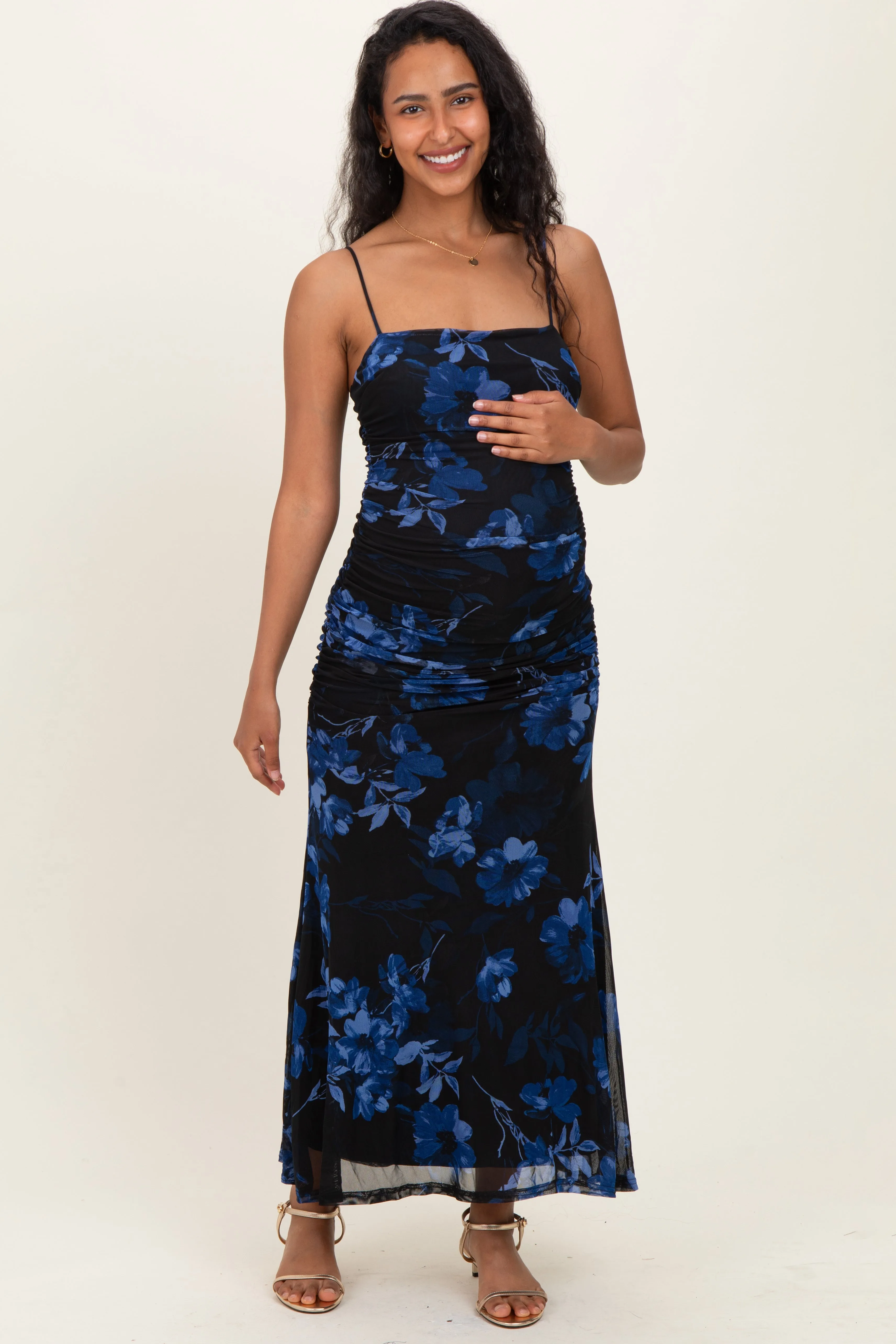 Black Floral Ruched Mesh Maternity Maxi Dress sold by Pinkblush product image thumbnail 2