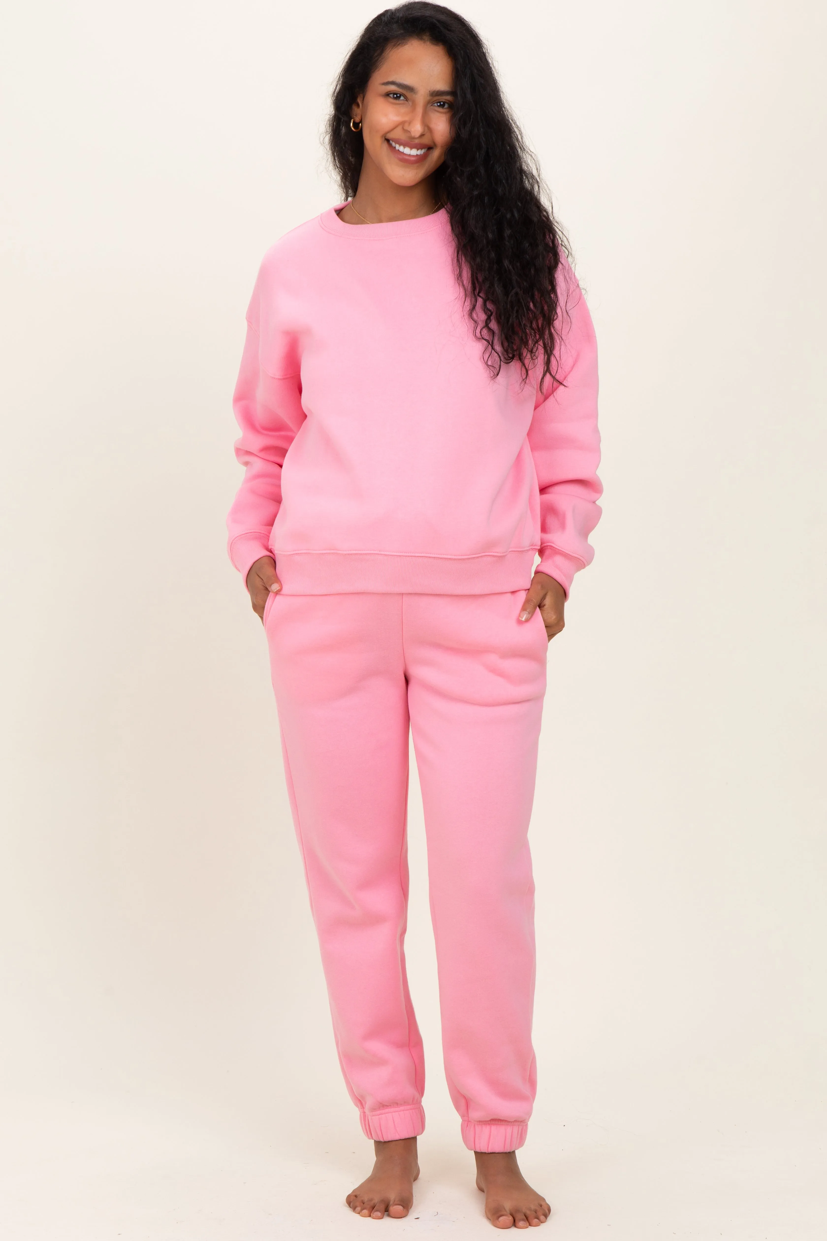 Pink Fleece Long Sleeve Maternity Pullover & Jogger Set sold by Pinkblush