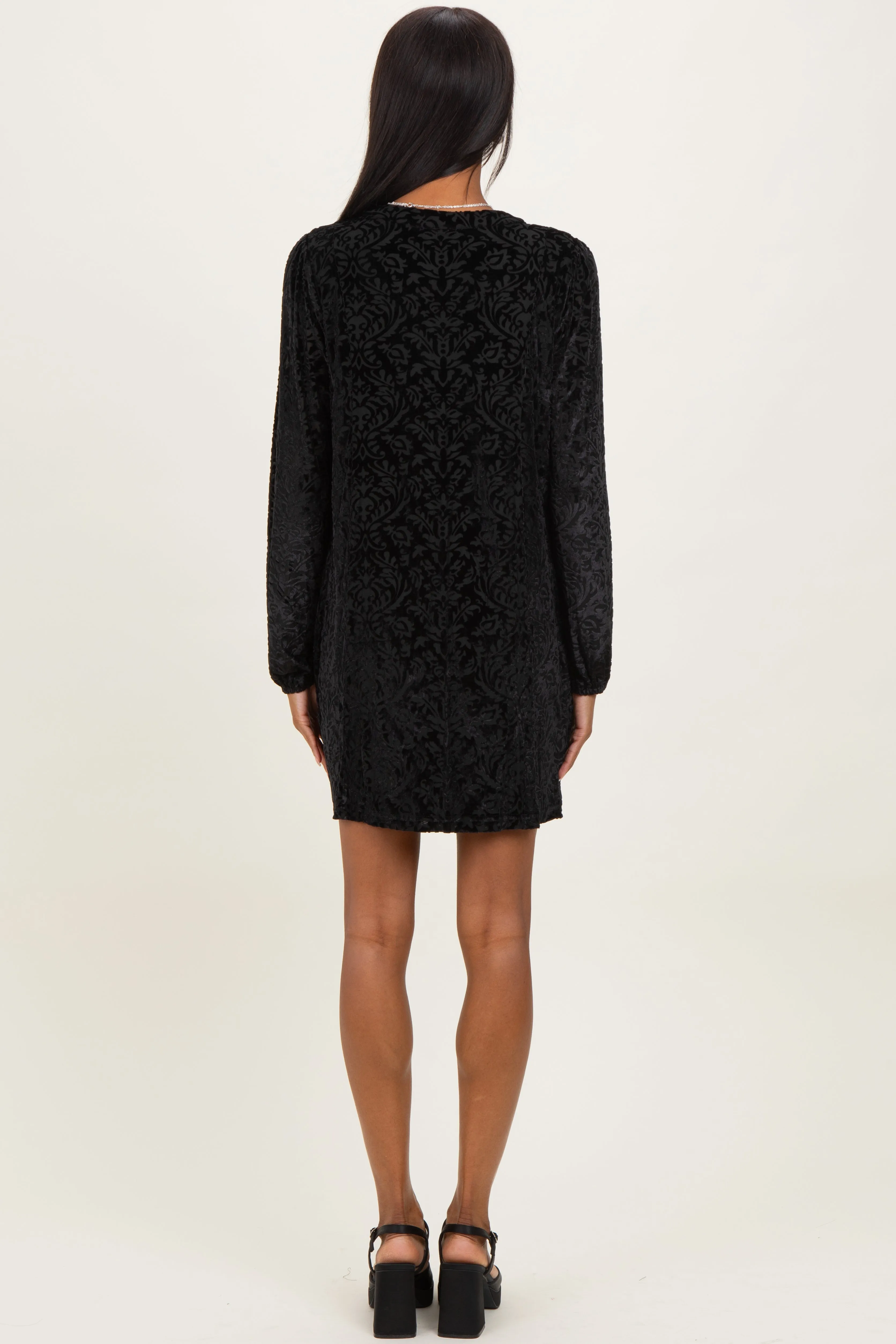 Black Velvet Damask Print Long Sleeve Mini Dress sold by Pinkblush product image thumbnail 4