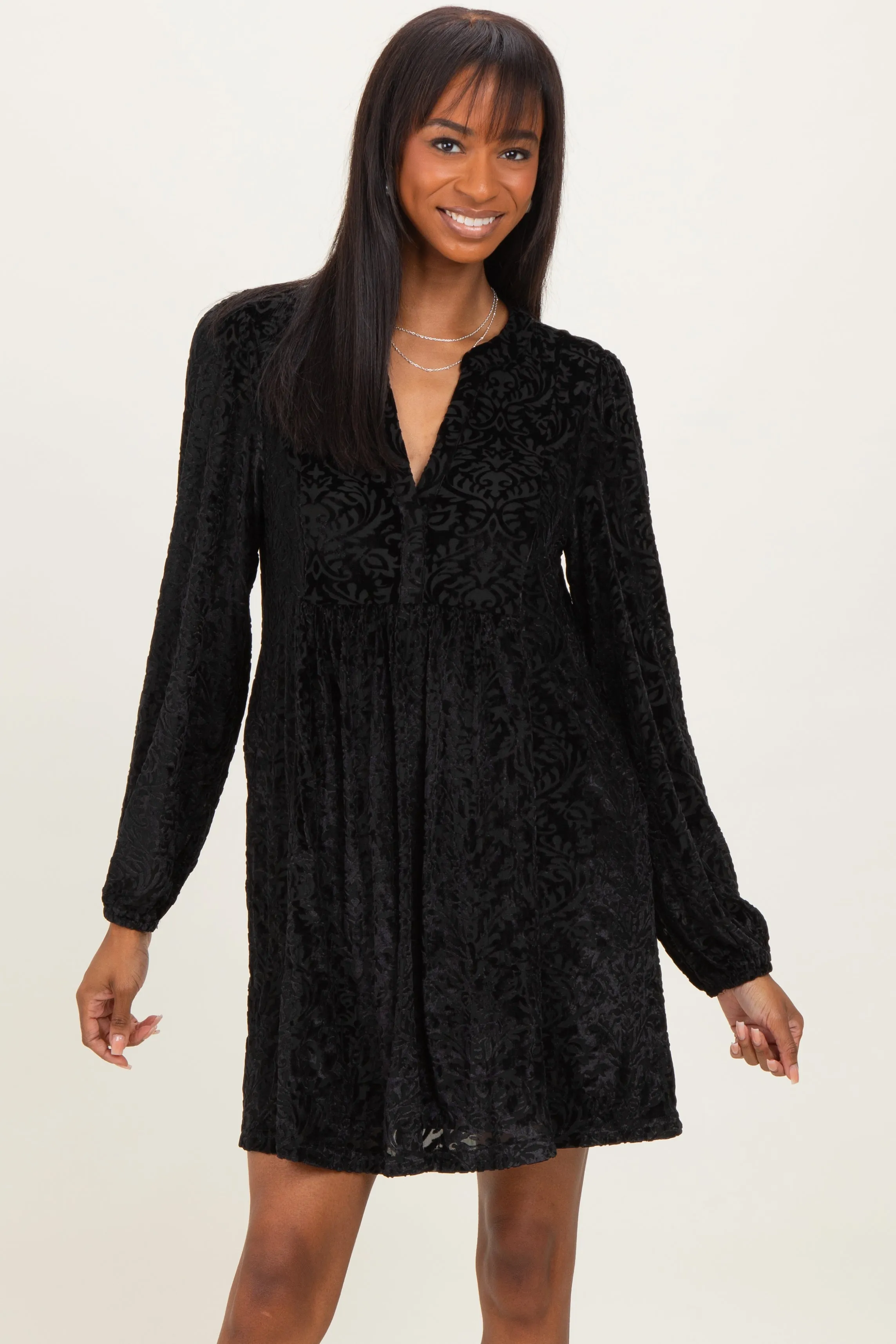 Black Velvet Damask Print Long Sleeve Mini Dress sold by Pinkblush