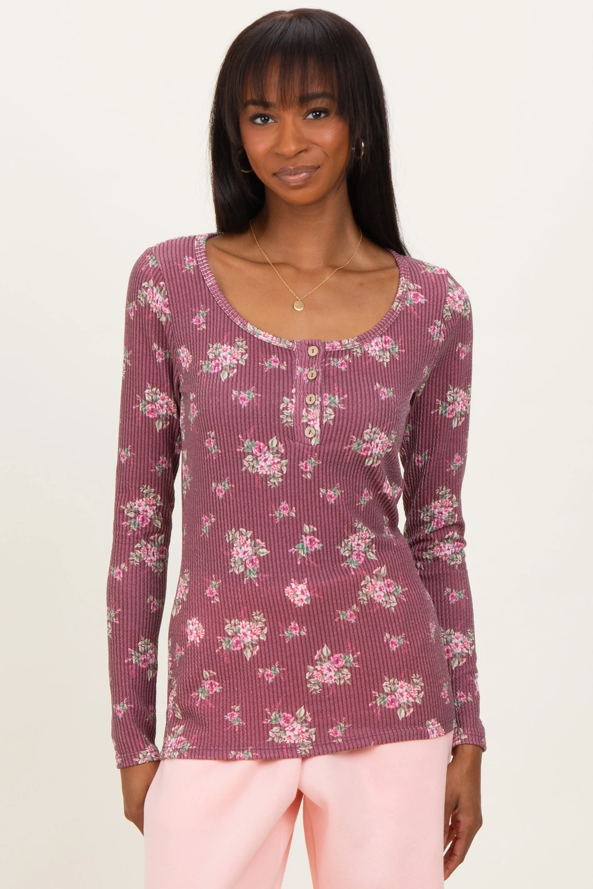 Burgundy Floral Ribbed Long Sleeve Button Down Tunic Top sold by Pinkblush