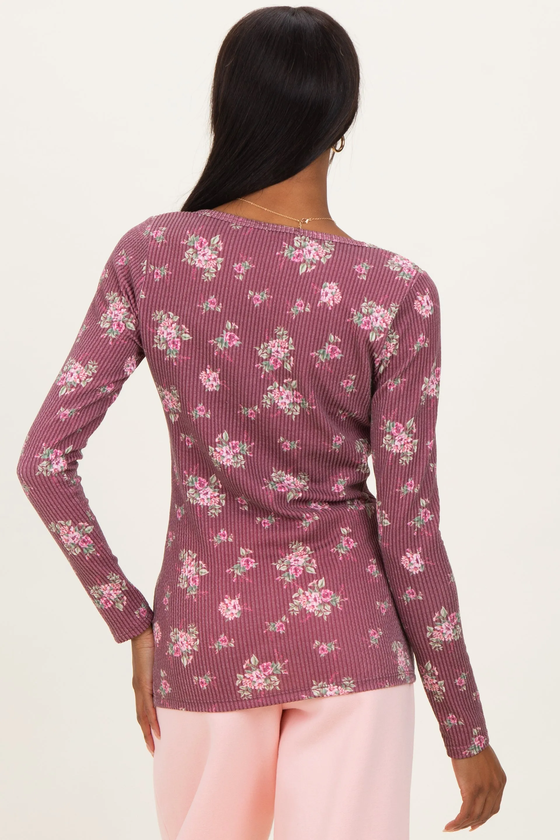 Burgundy Floral Ribbed Long Sleeve Button Down Tunic Top sold by Pinkblush product image thumbnail 2