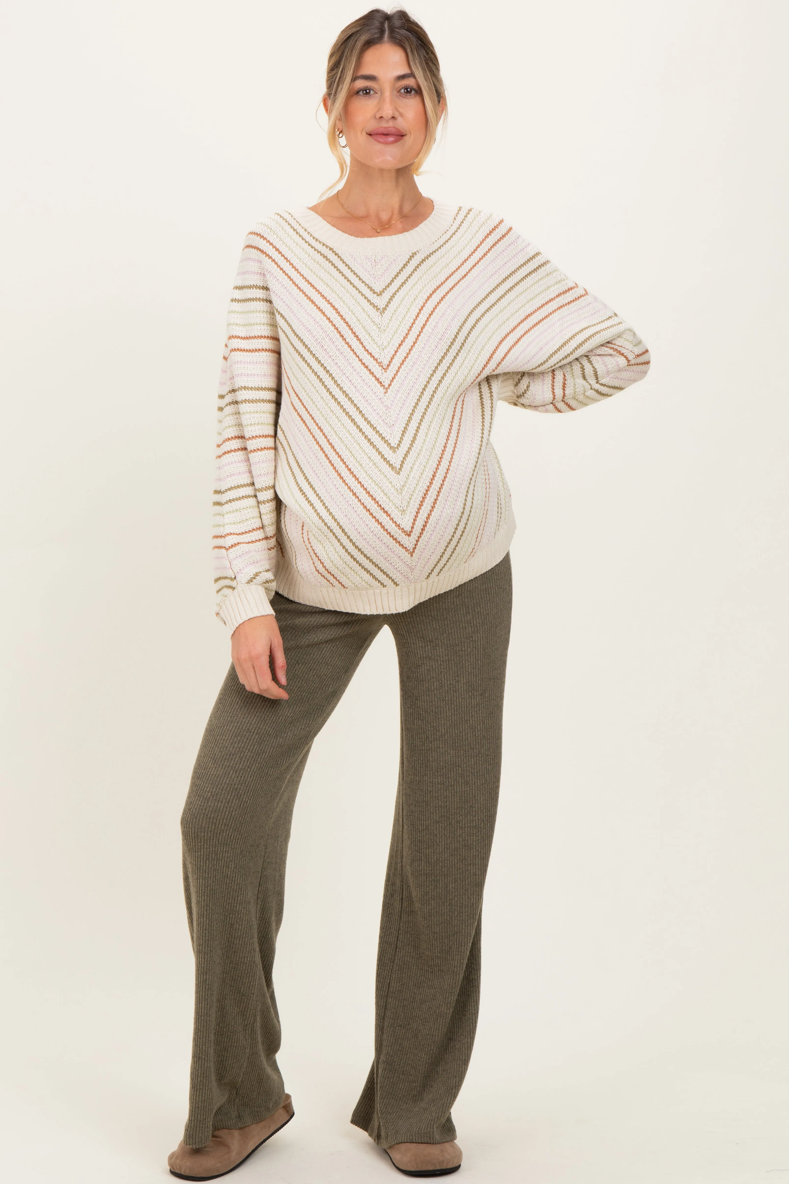 Olive Brushed Knit Flare Leg Maternity Pants sold by Pinkblush