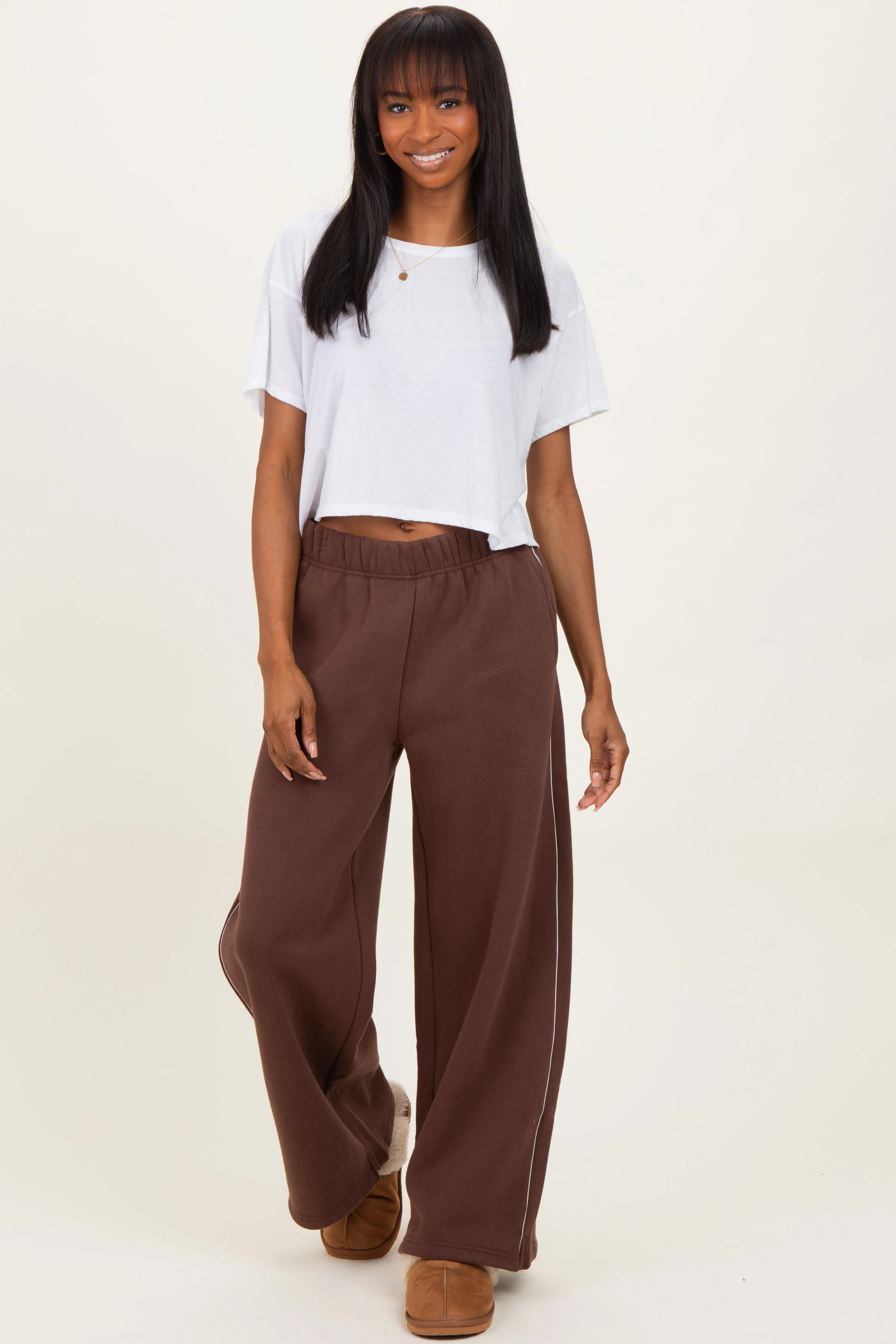 Brown Fleece Wide Leg Sweatpants sold by Pinkblush