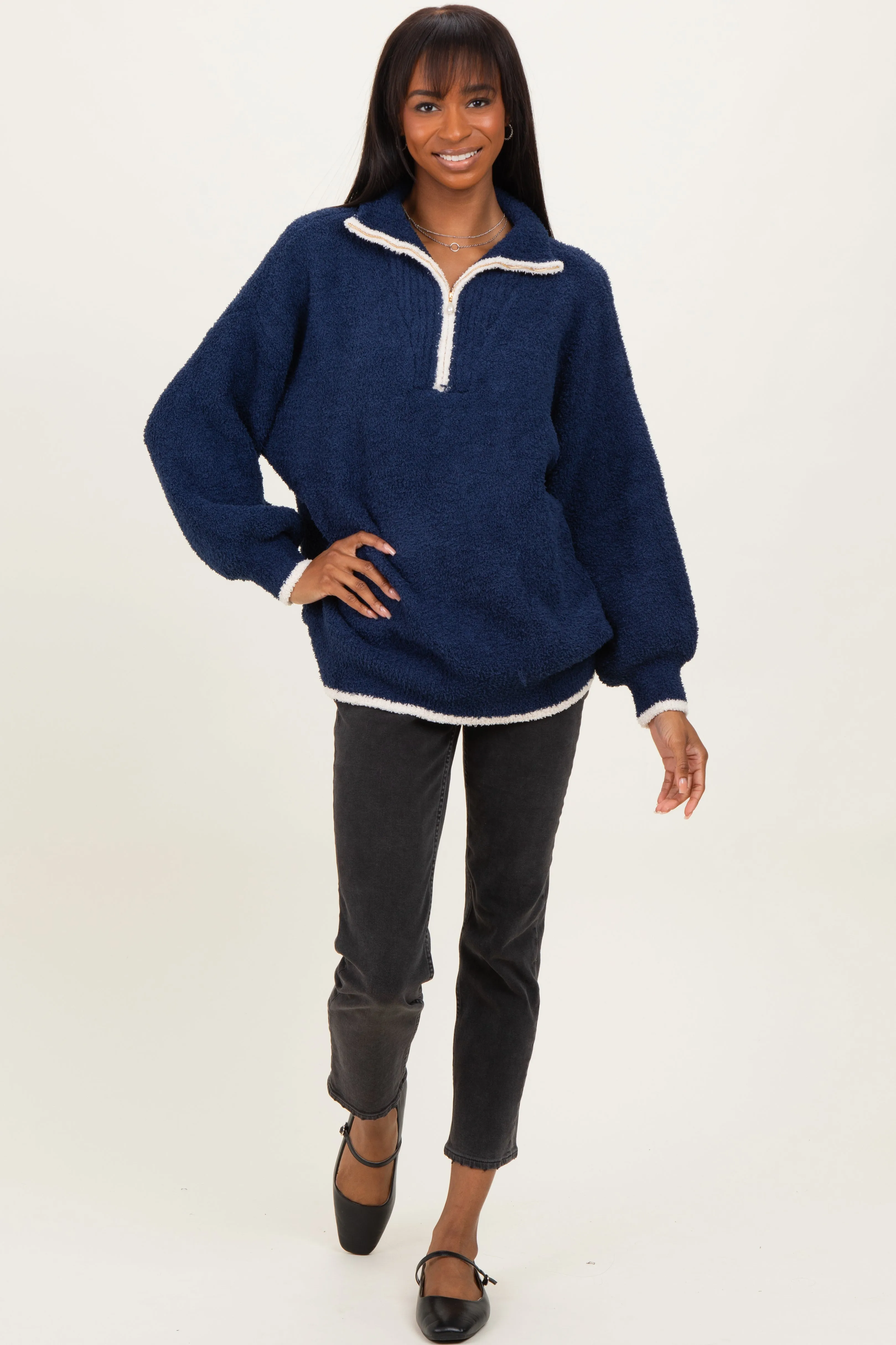 Navy Soft Fuzzy Knit Quarter Zip Pullover Sweater sold by Pinkblush product image thumbnail 2