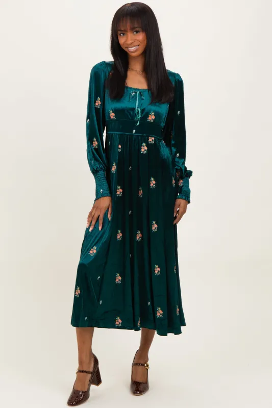 Deep Teal Velvet Embroidered Floral Midi Dress sold by Pinkblush