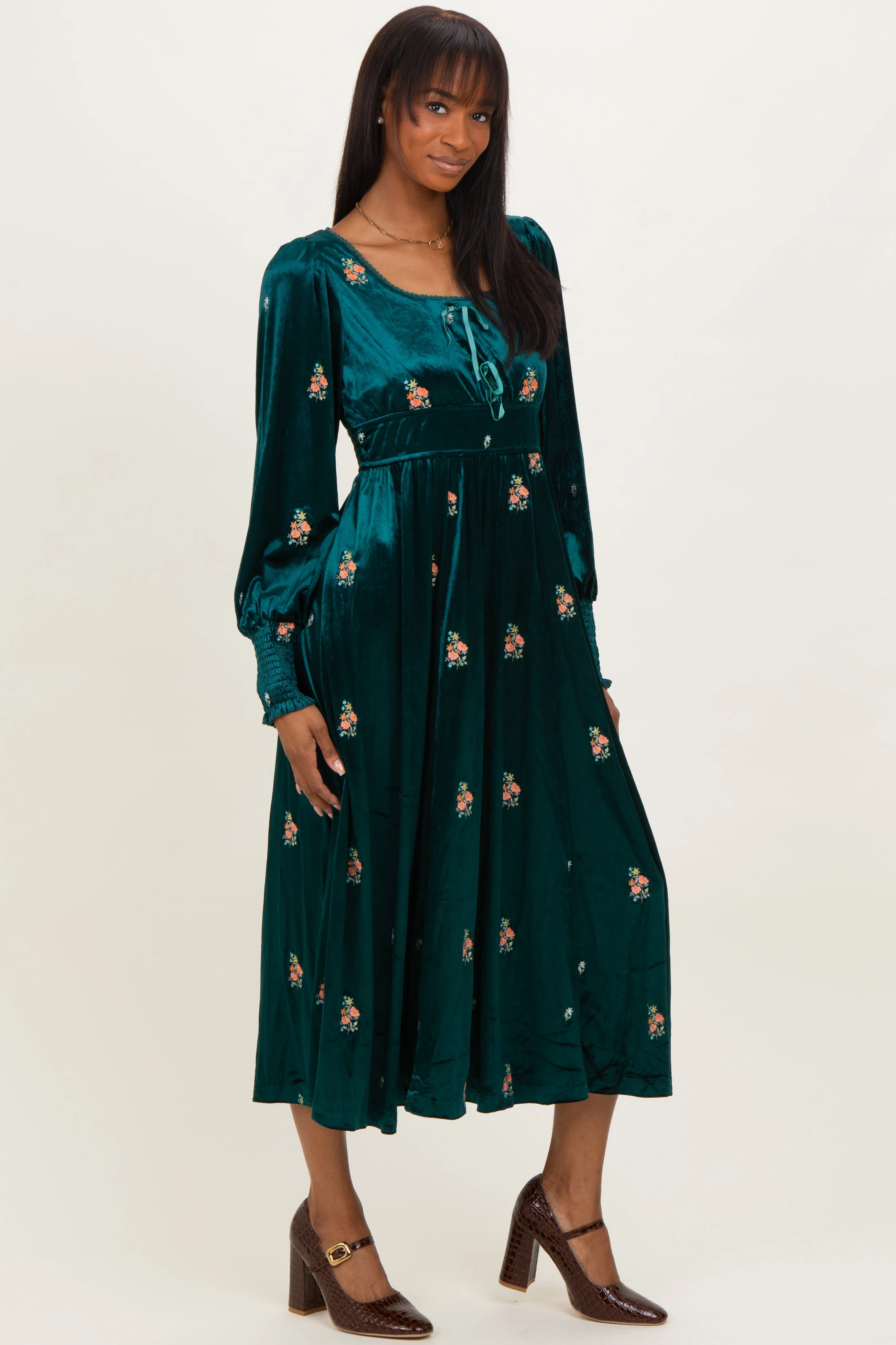 Deep Teal Velvet Embroidered Floral Midi Dress sold by Pinkblush product image thumbnail 2