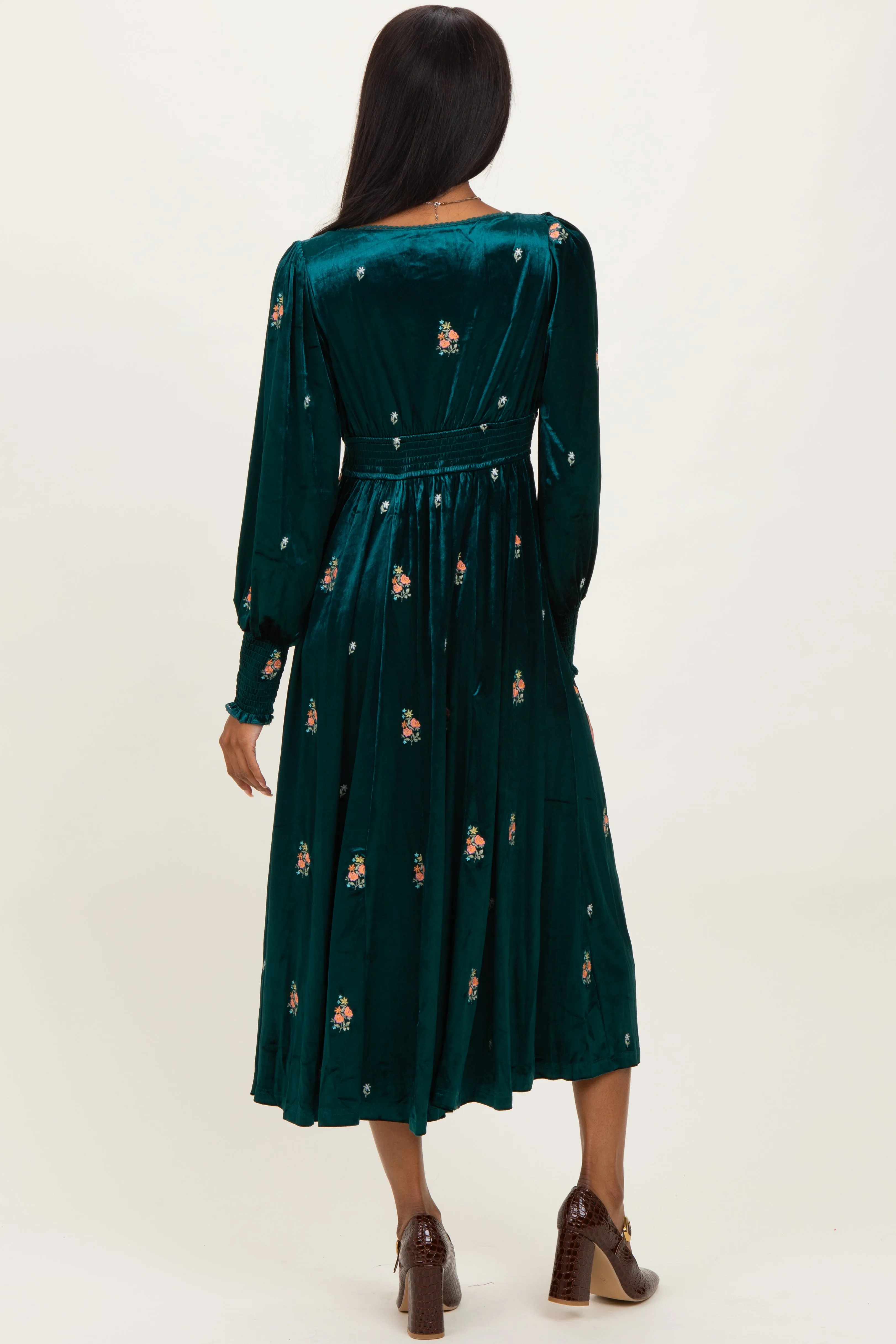 Deep Teal Velvet Embroidered Floral Midi Dress sold by Pinkblush product image thumbnail 3