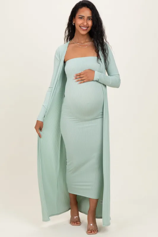 Sage Ribbed Sleeveless Dress Cardigan Maternity Set sold by Pinkblush