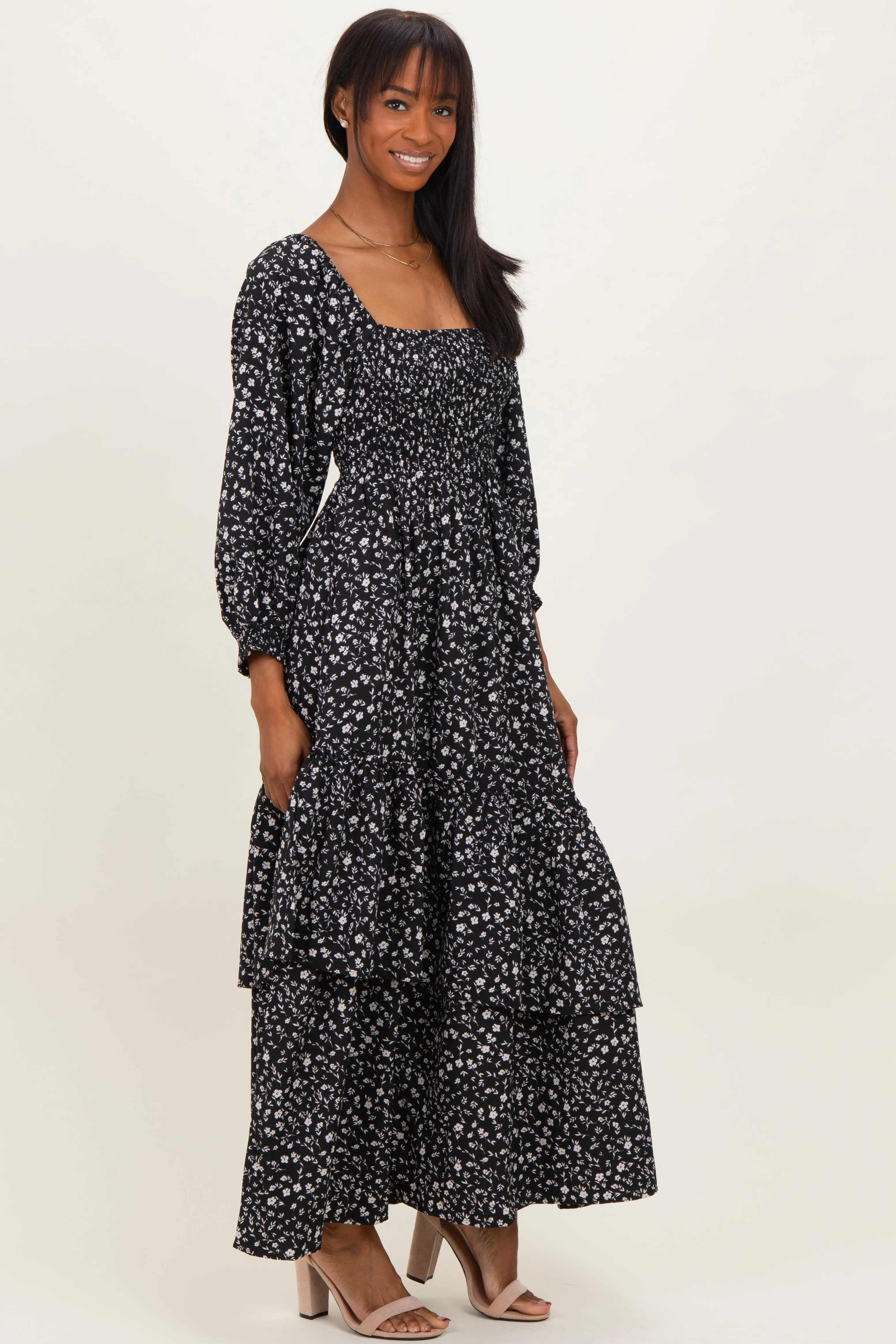 Black Floral Asymmetrical Ruffle Hem Maxi Dress sold by Pinkblush product image thumbnail 3