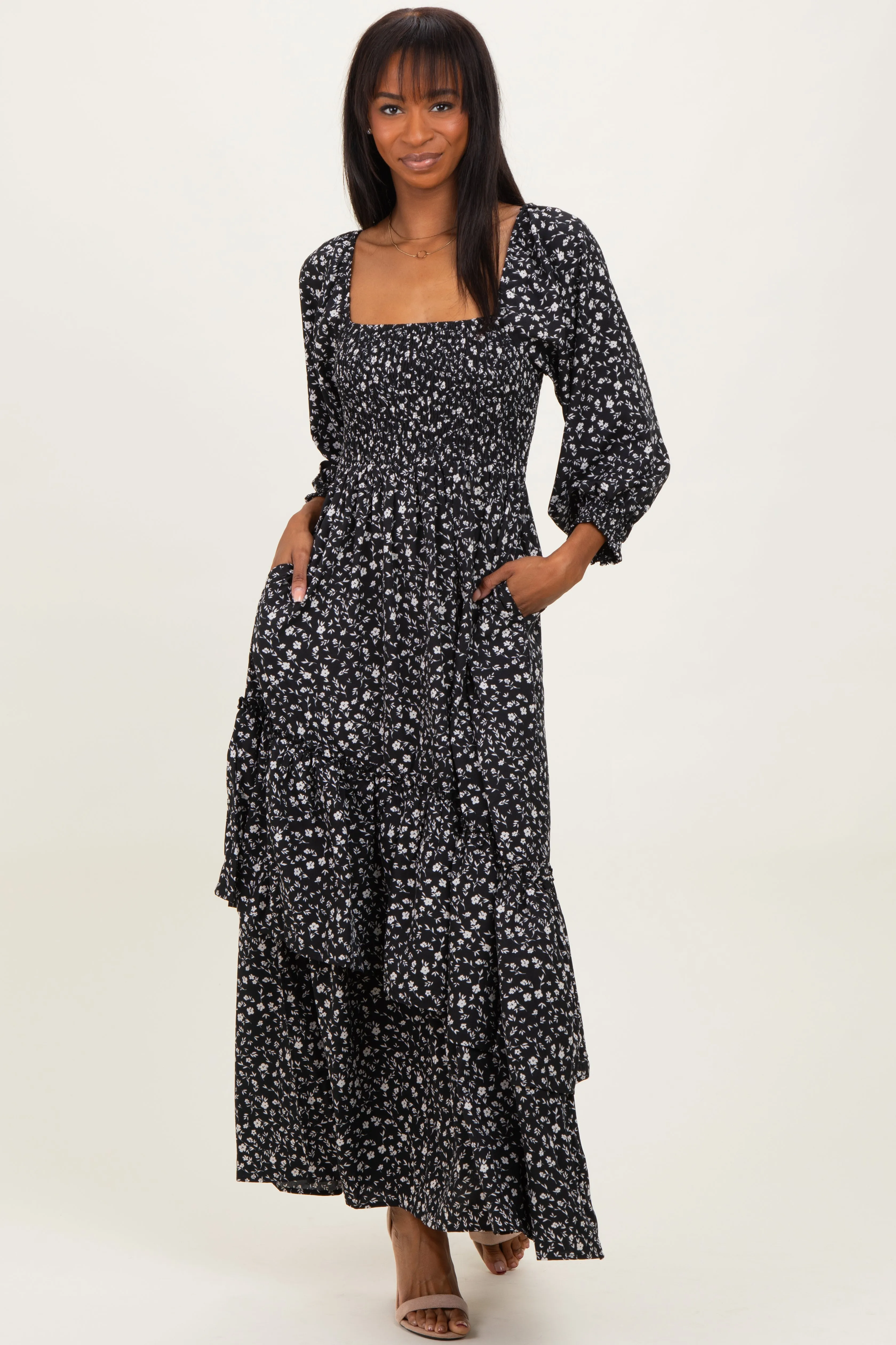 Black Floral Asymmetrical Ruffle Hem Maxi Dress sold by Pinkblush