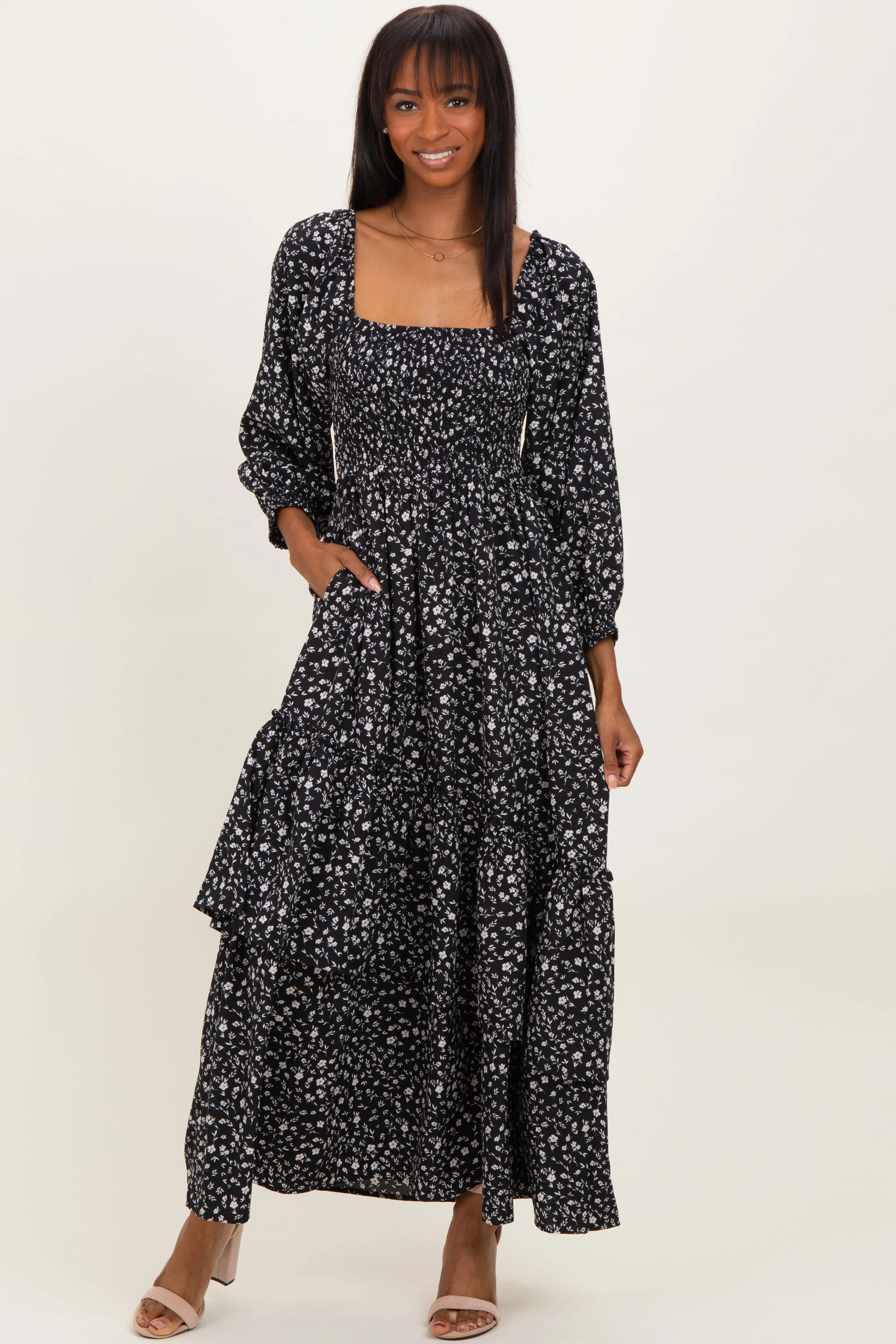 Black Floral Asymmetrical Ruffle Hem Maxi Dress sold by Pinkblush product image thumbnail 2