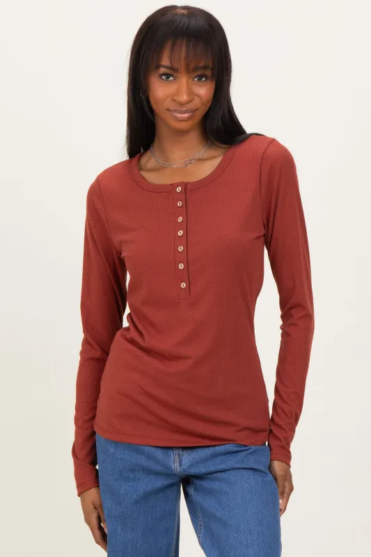 Rust Solid Ribbed Long Sleeve Button Down Tunic Top sold by Pinkblush
