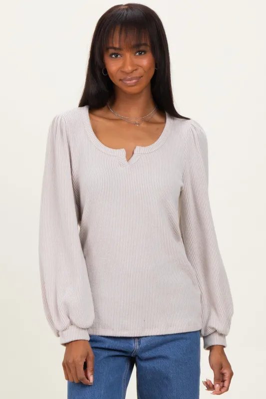 Beige Solid Ribbed Long Sleeve V-Neck Tunic Top sold by Pinkblush
