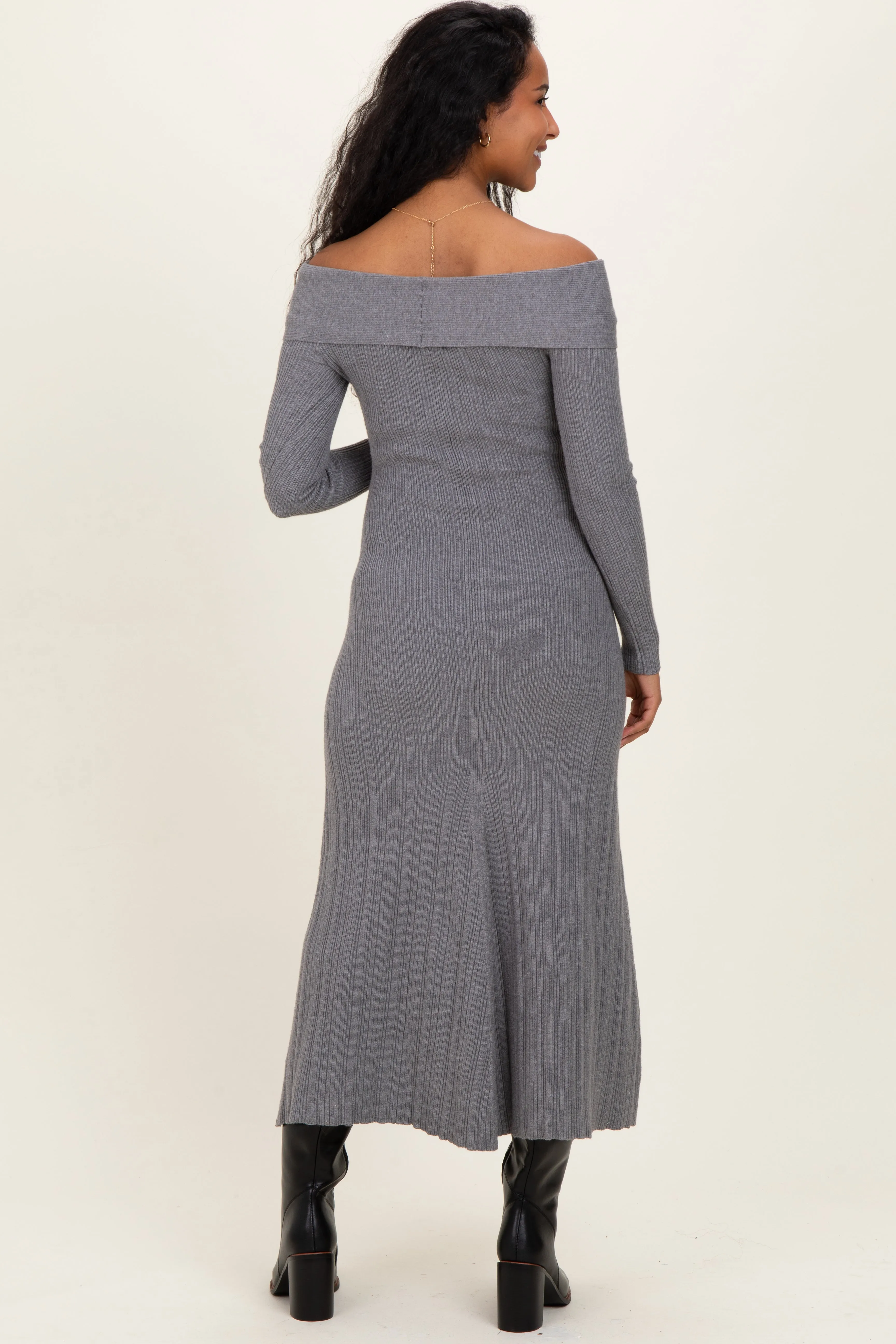 Heather Grey Ribbed Knit Off Shoulder Maternity Midi Dress sold by Pinkblush product image thumbnail 4