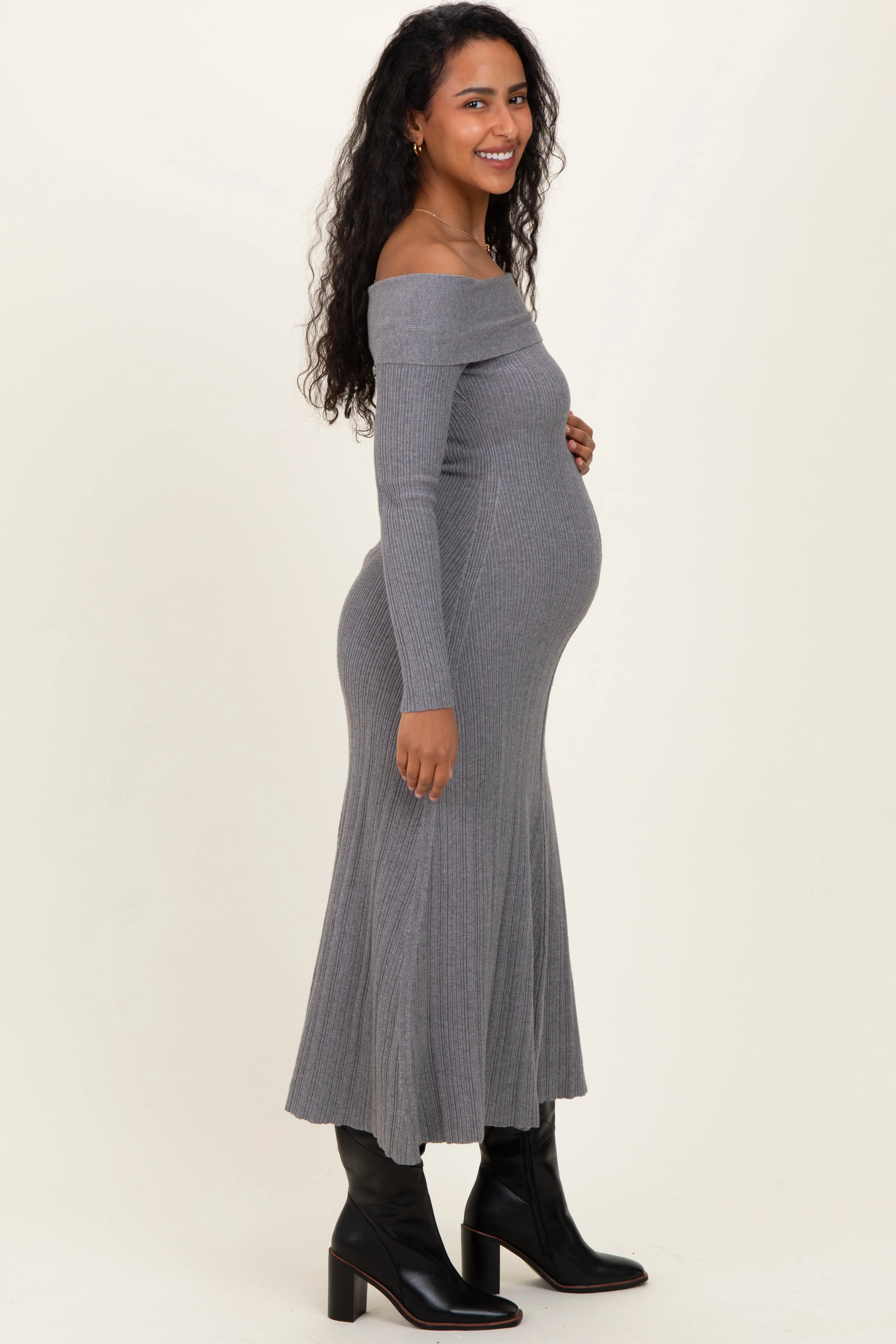 Heather Grey Ribbed Knit Off Shoulder Maternity Midi Dress sold by Pinkblush