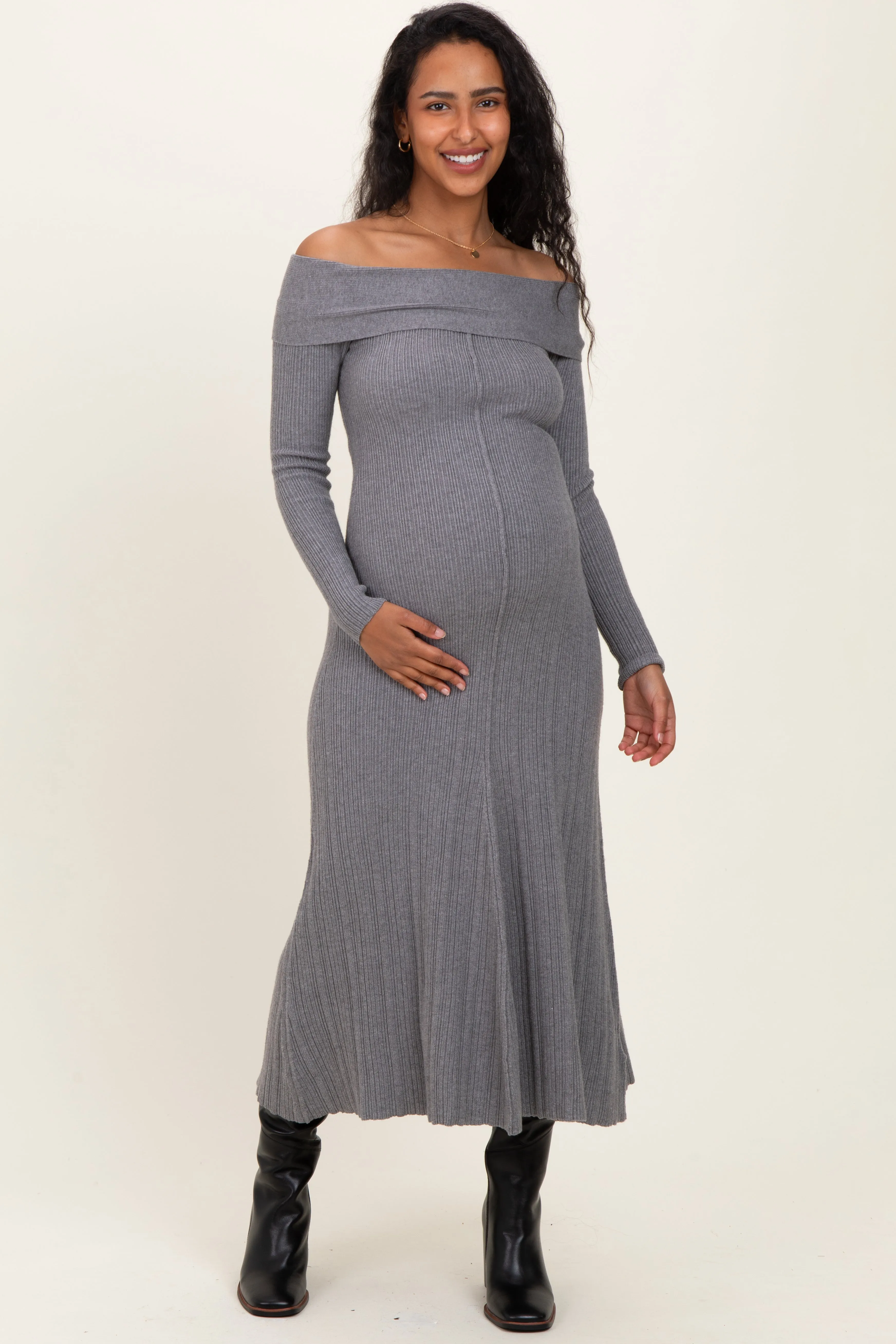 Heather Grey Ribbed Knit Off Shoulder Maternity Midi Dress sold by Pinkblush product image thumbnail 2