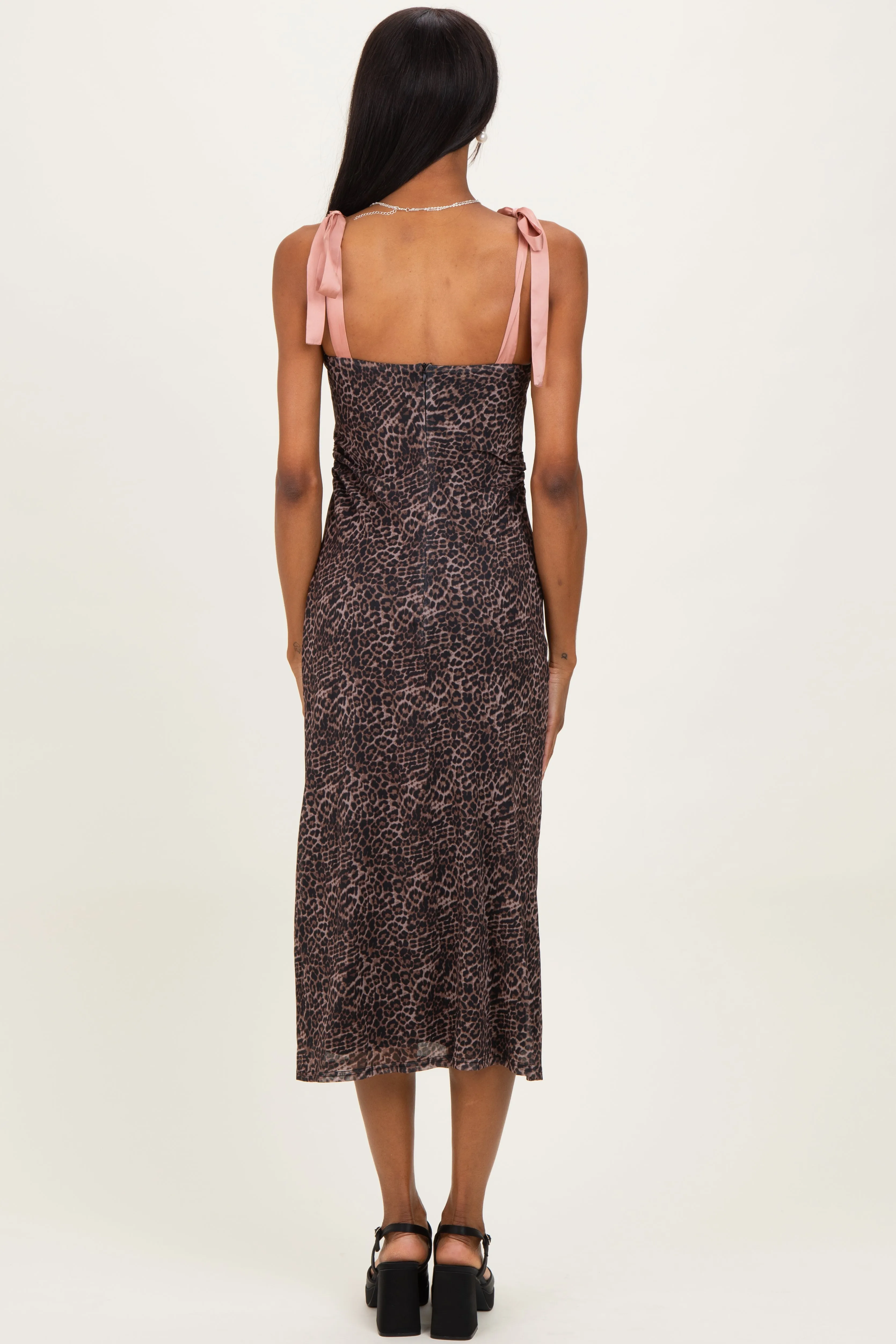 Brown Animal Print Mesh Shoulder Tie Dress sold by Pinkblush product image thumbnail 3