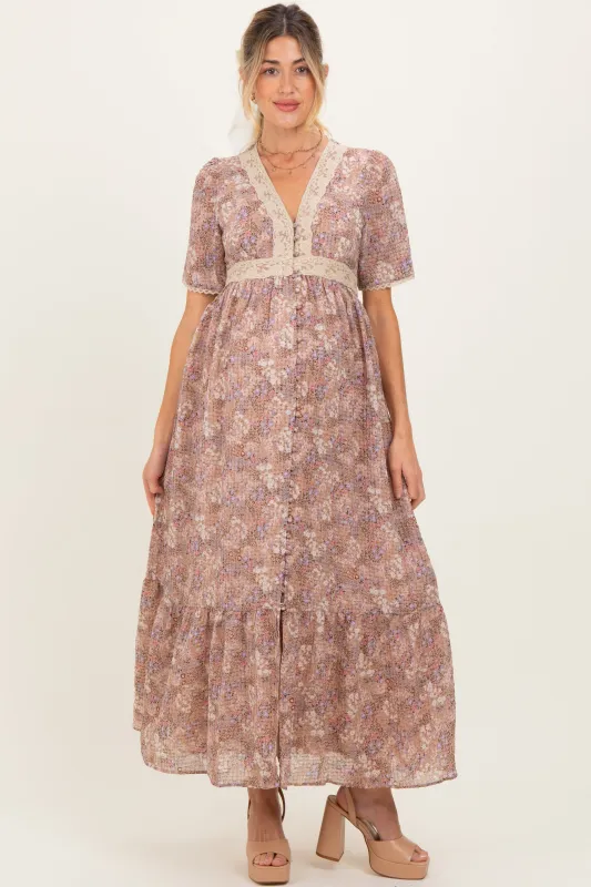 Mauve Floral Lace Detail Button Down Maternity Maxi Dress sold by Pinkblush