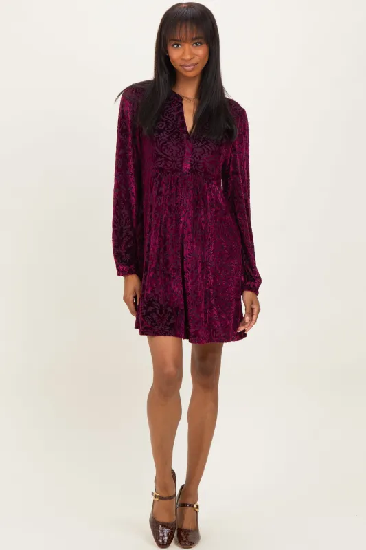 Burgundy Velvet Damask Print Long Sleeve Mini Dress sold by Pinkblush