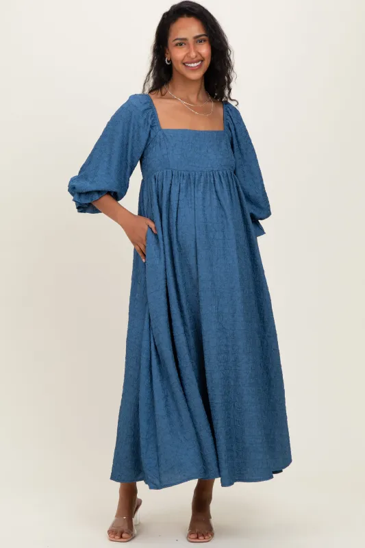 Blue Textured 3/4 Puff Sleeve Maternity Maxi Dress sold by Pinkblush
