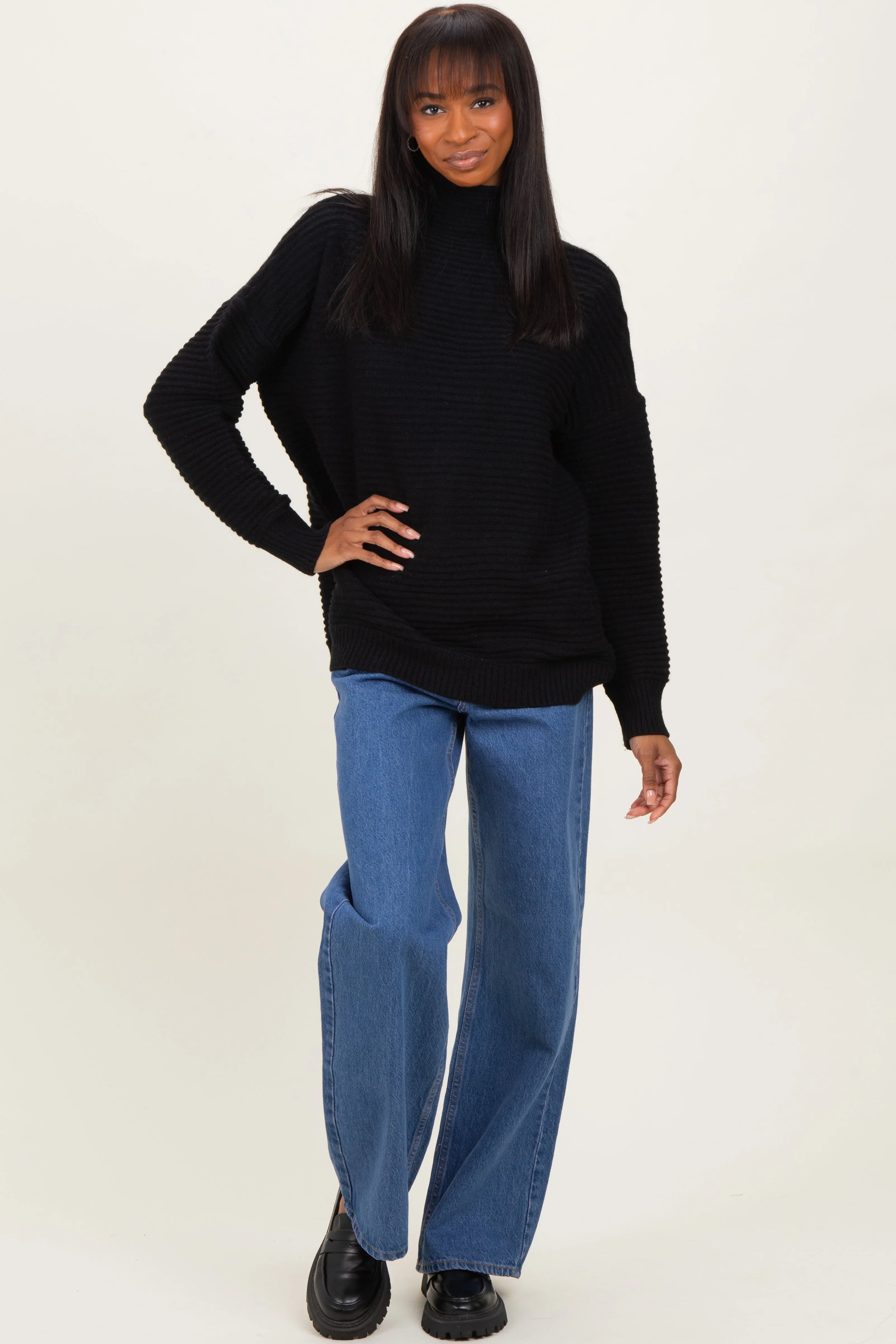 Black Ribbed Knit Turtleneck Dolman Sleeve Sweater sold by Pinkblush product image thumbnail 2