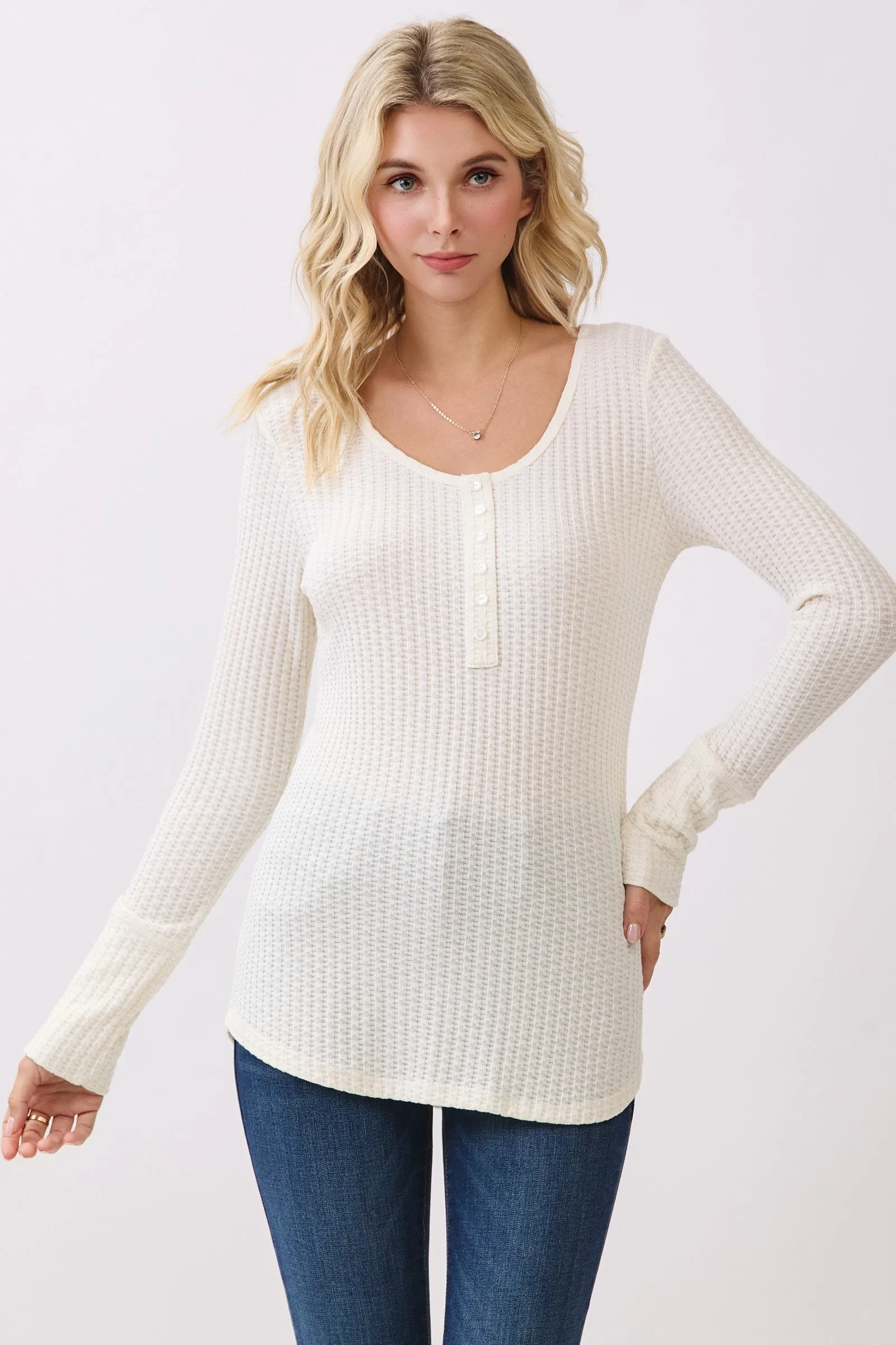 Cream Waffle Rib Knit Henley Top sold by Pinkblush