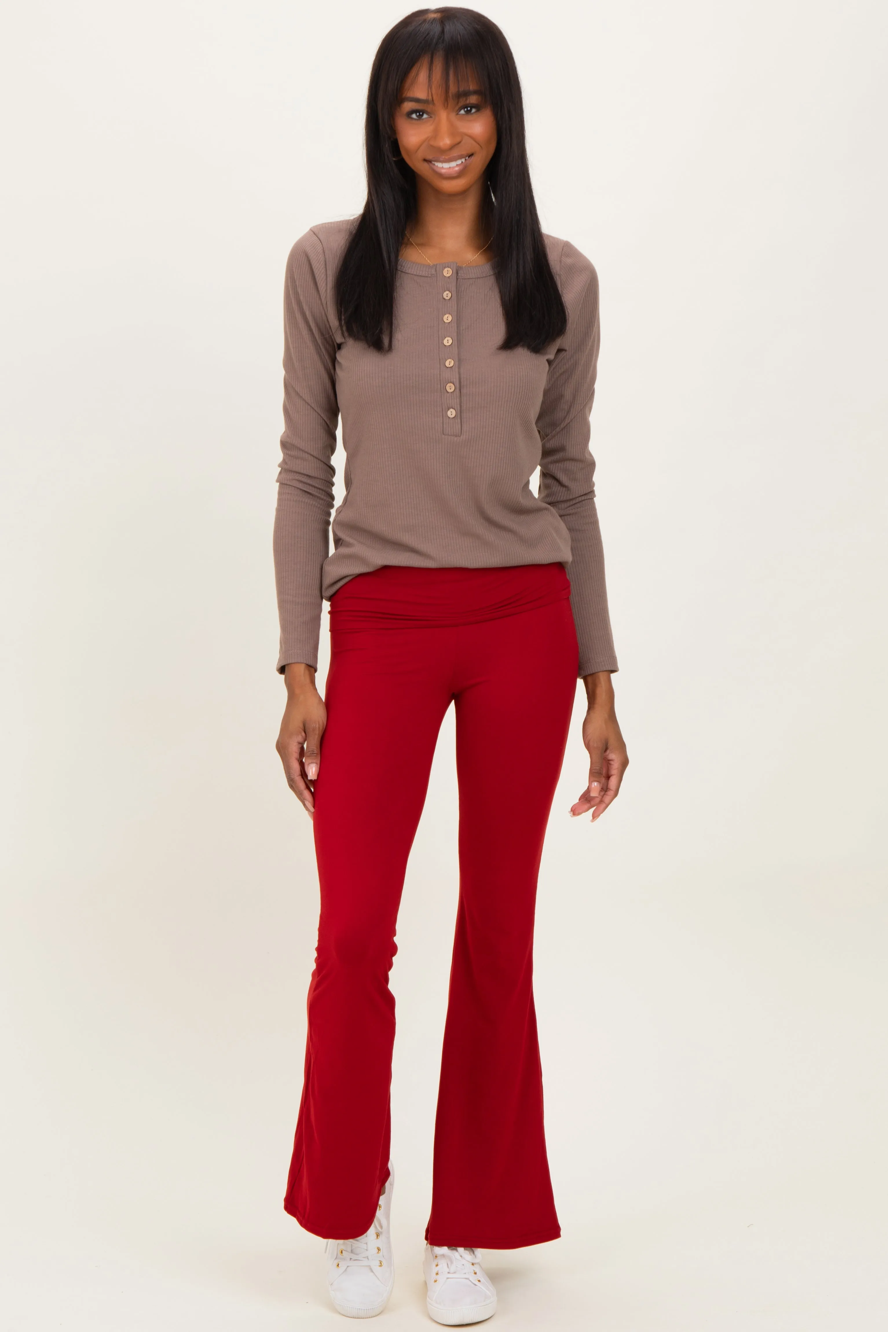 Red Fold Over Waistband Flared Pants sold by Pinkblush