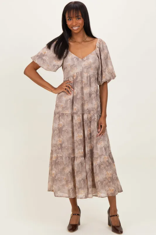 Light Taupe Watercolor Floral Puff Sleeve Tiered Maxi Dress sold by Pinkblush