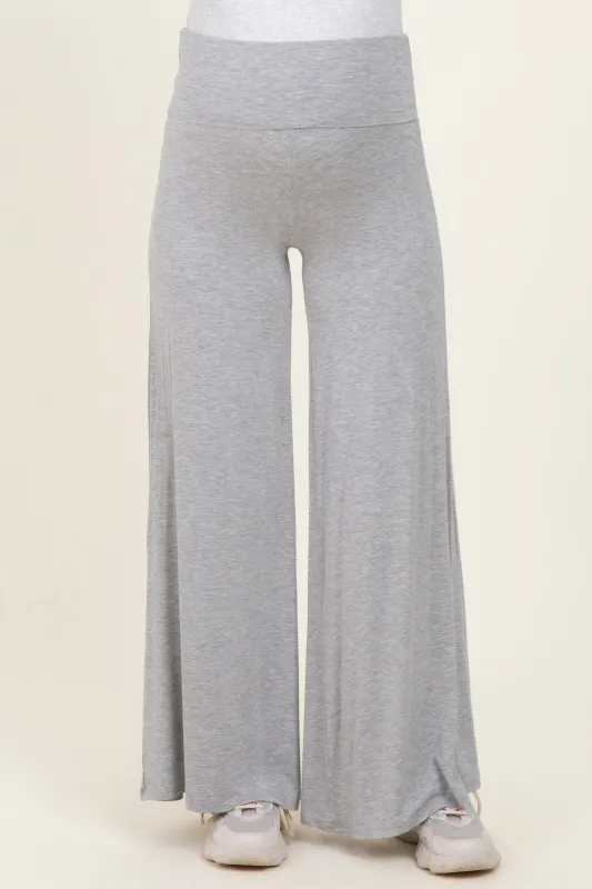 Heather Grey Fold Over Waist Maternity Wide Leg Lounge Pants sold by Pinkblush
