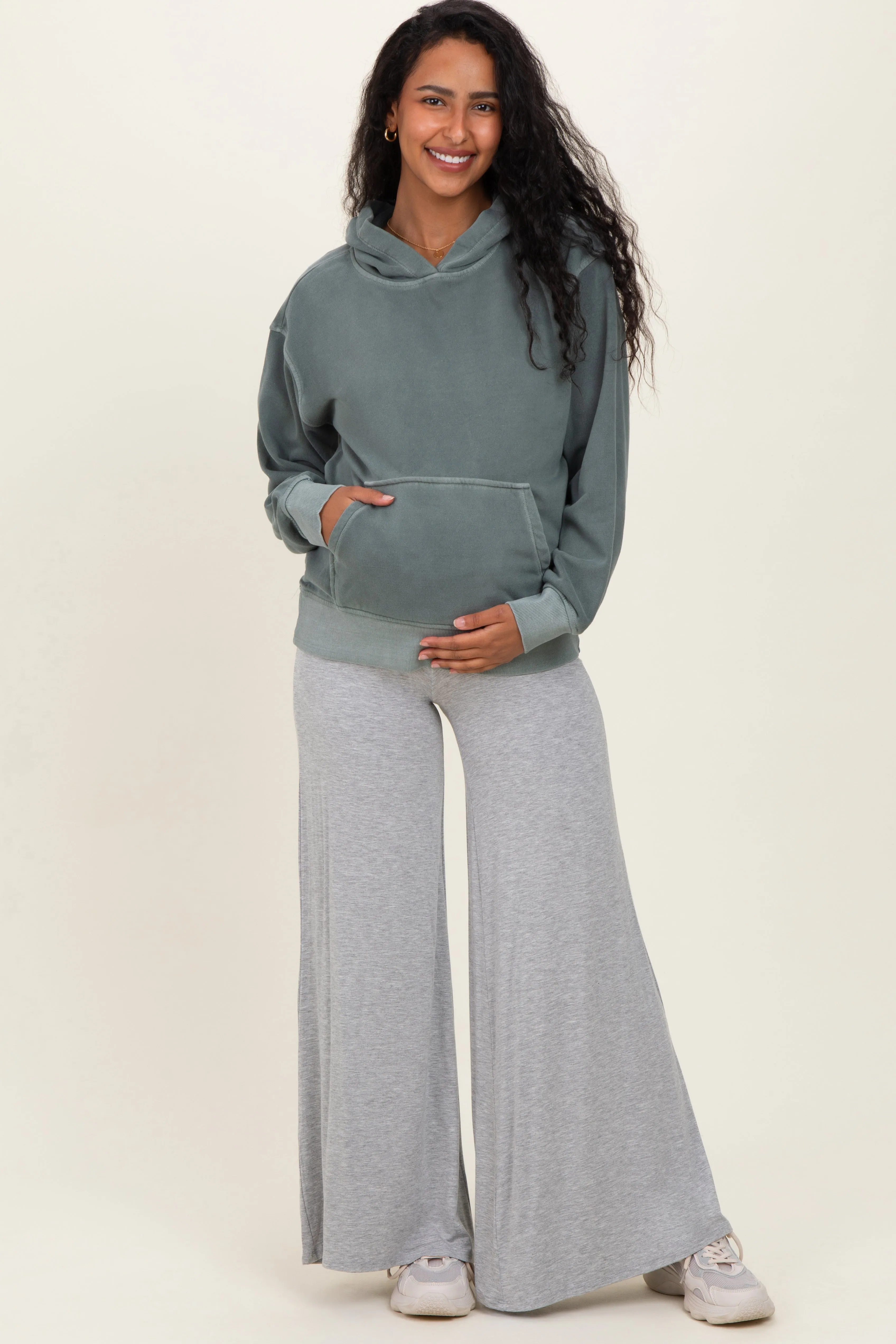Heather Grey Fold Over Waist Maternity Wide Leg Lounge Pants sold by Pinkblush product image thumbnail 2