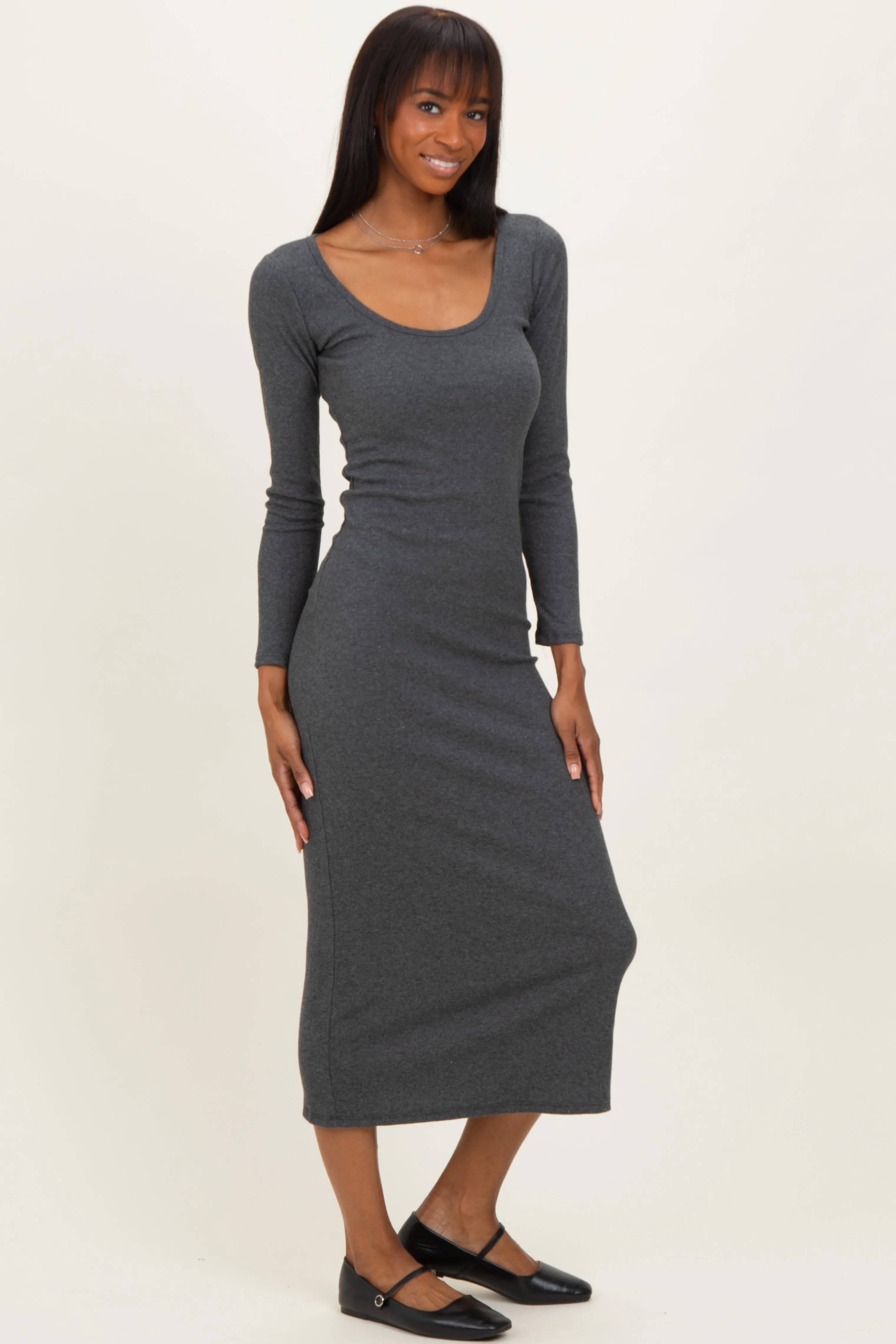 Charcoal Scoop Neck Long Sleeve Midi Dress sold by Pinkblush product image thumbnail 3