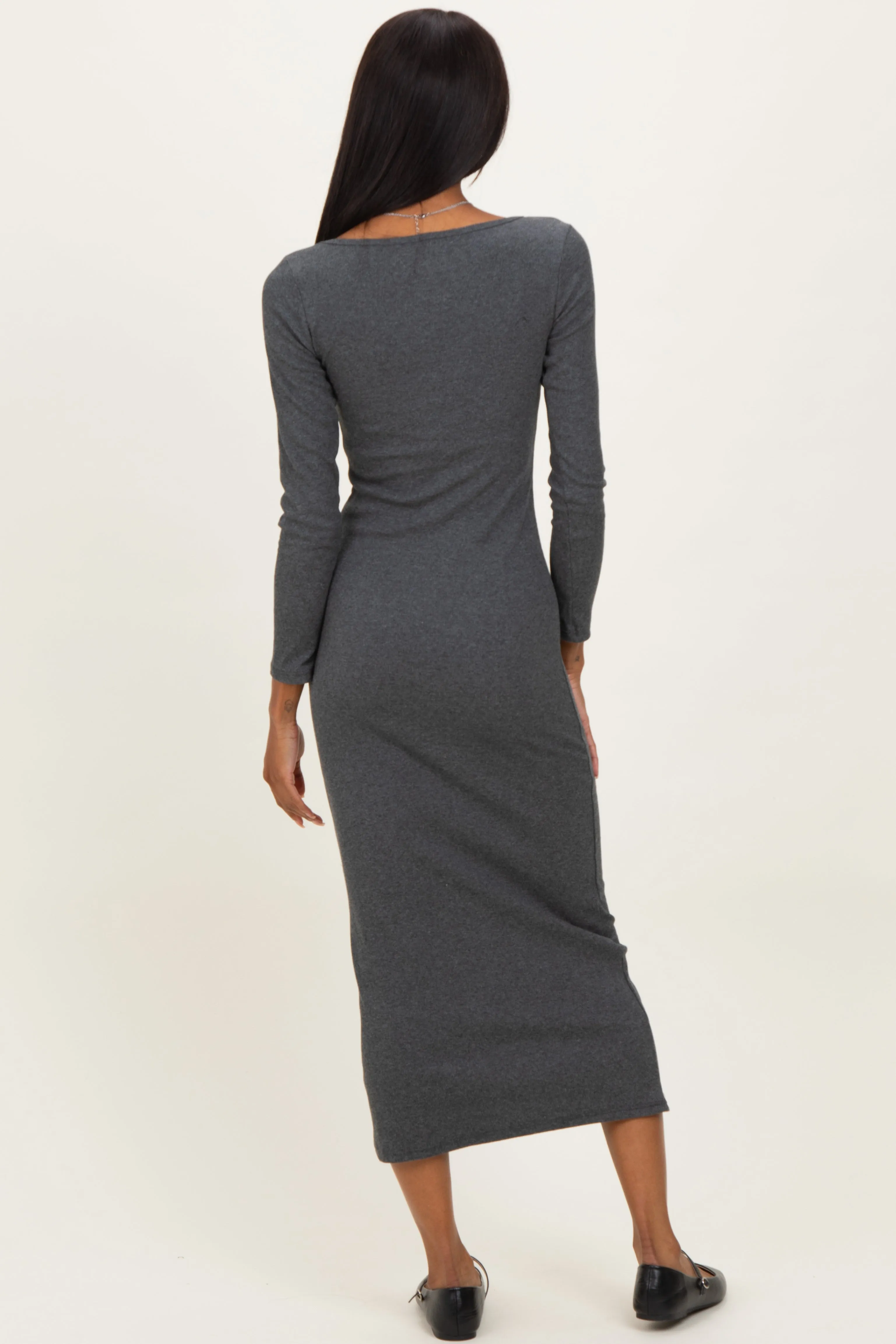 Charcoal Scoop Neck Long Sleeve Midi Dress sold by Pinkblush product image thumbnail 4