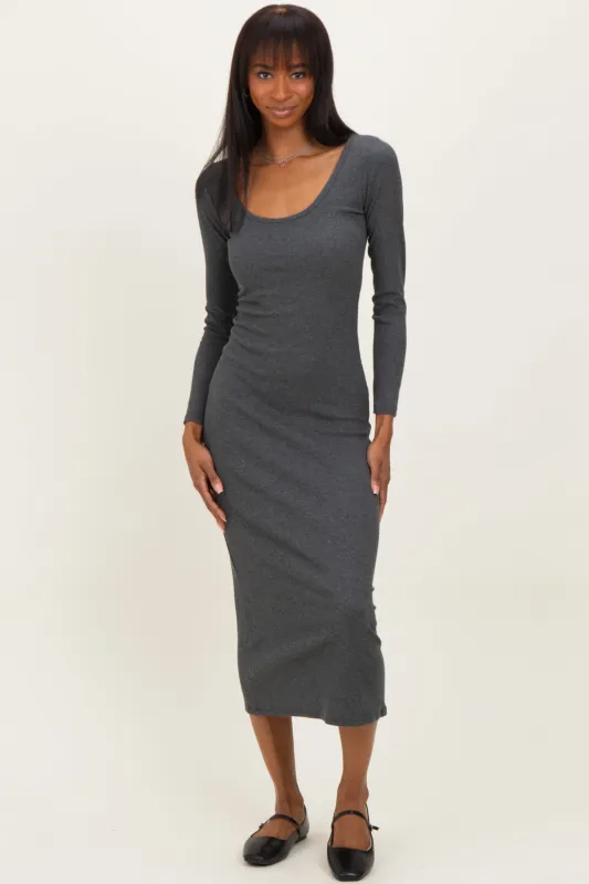 Charcoal Scoop Neck Long Sleeve Midi Dress sold by Pinkblush
