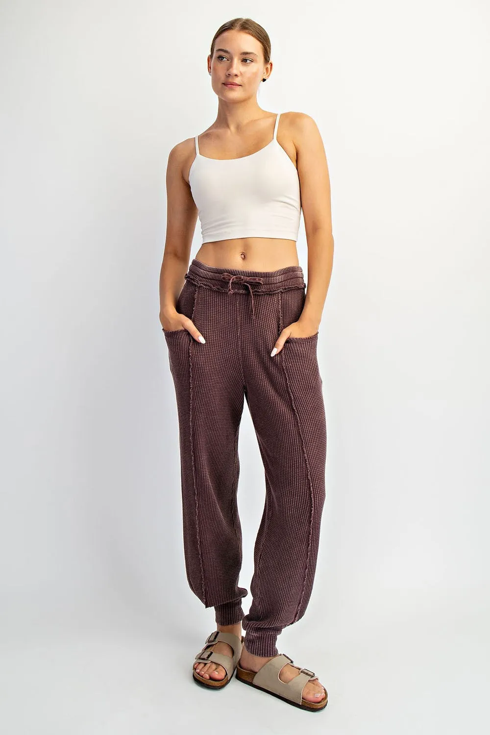 Burgundy Raw Seam Waffle Knit Joggers sold by Pinkblush