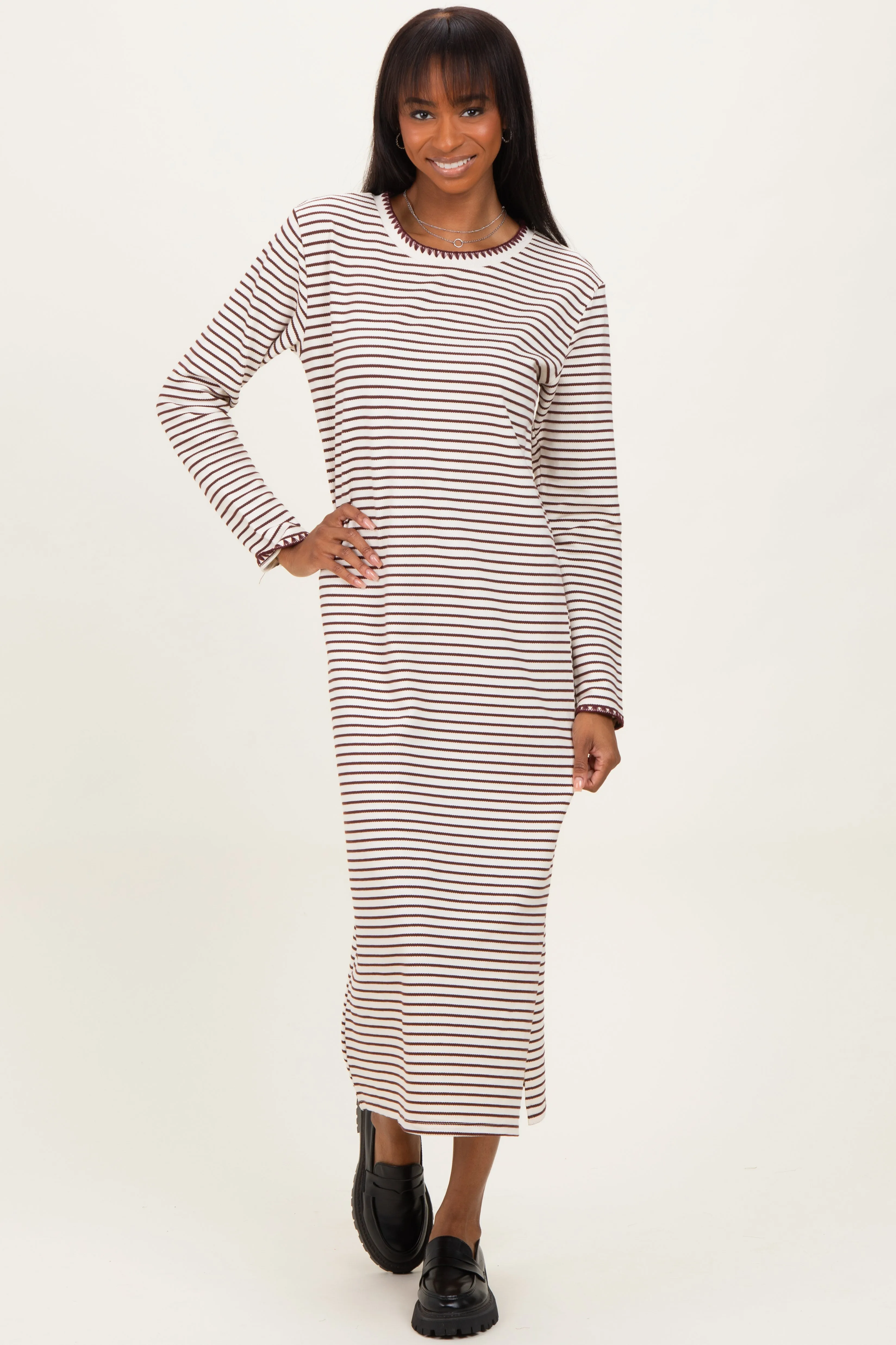 Cream Striped Stitch Detail Long Sleeve Midi Dress sold by Pinkblush product image thumbnail 2