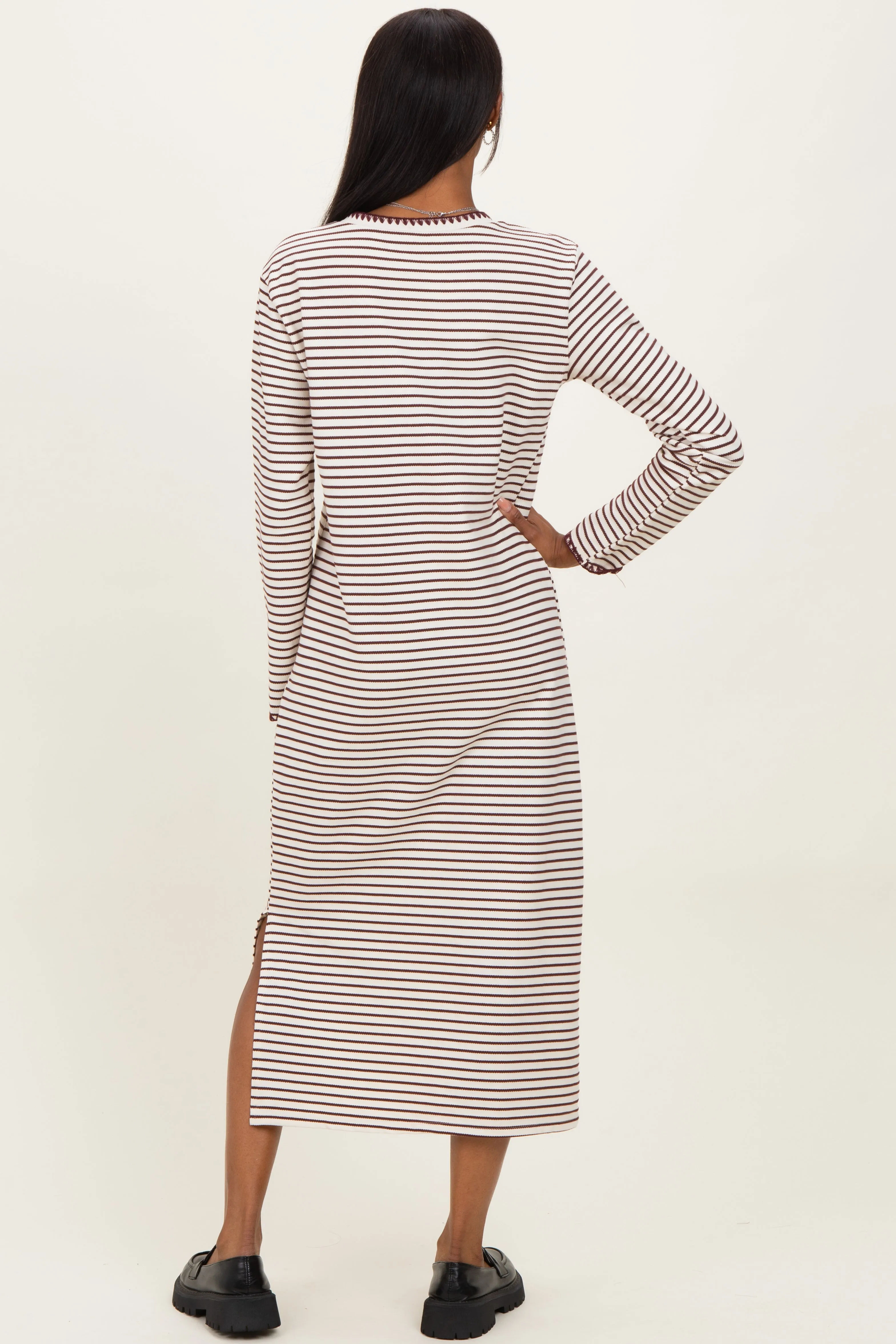 Cream Striped Stitch Detail Long Sleeve Midi Dress sold by Pinkblush product image thumbnail 3