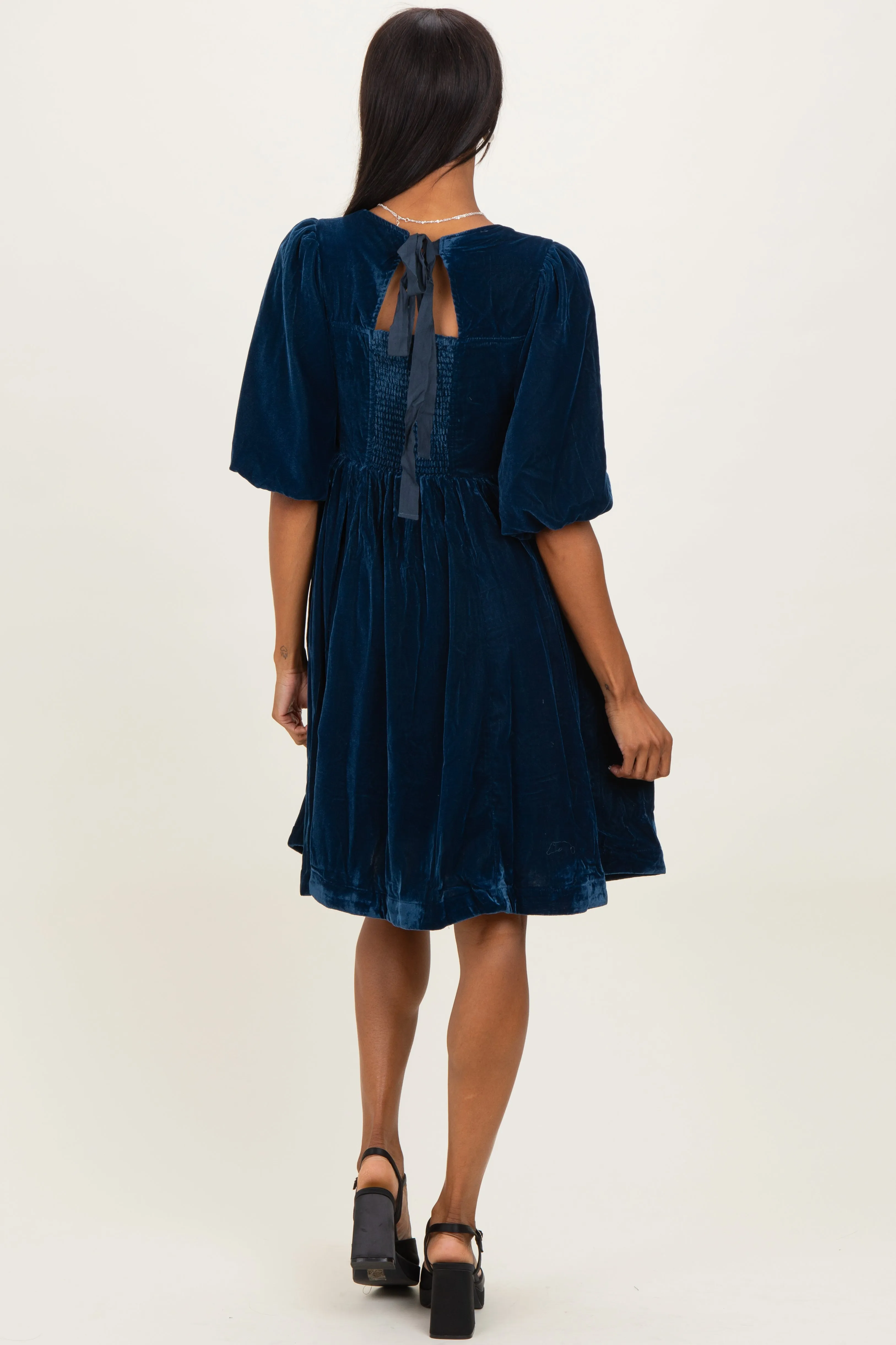 Navy Velvet Sweetheart Button Accent Dress sold by Pinkblush product image thumbnail 4