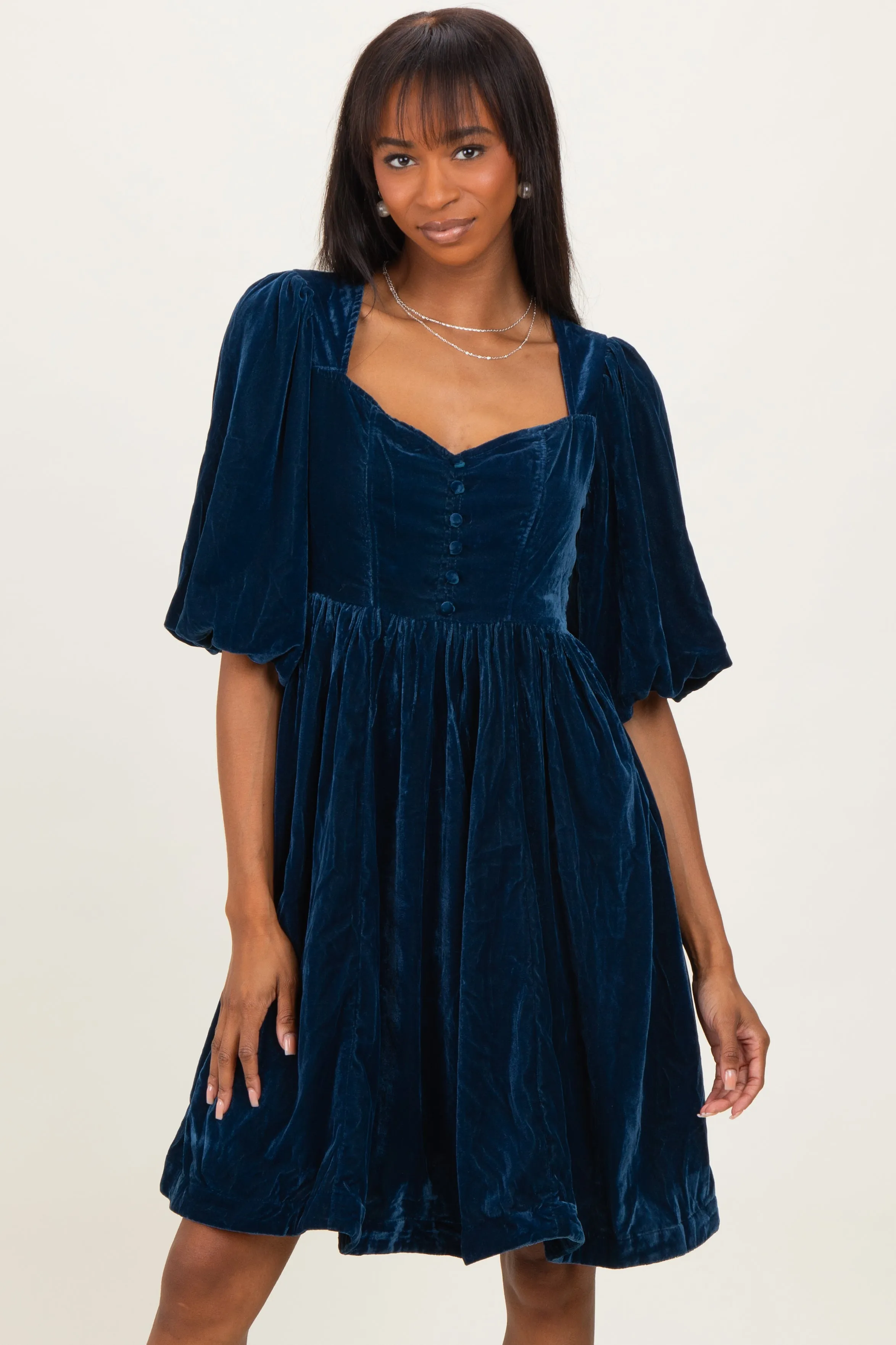 Navy Velvet Sweetheart Button Accent Dress sold by Pinkblush