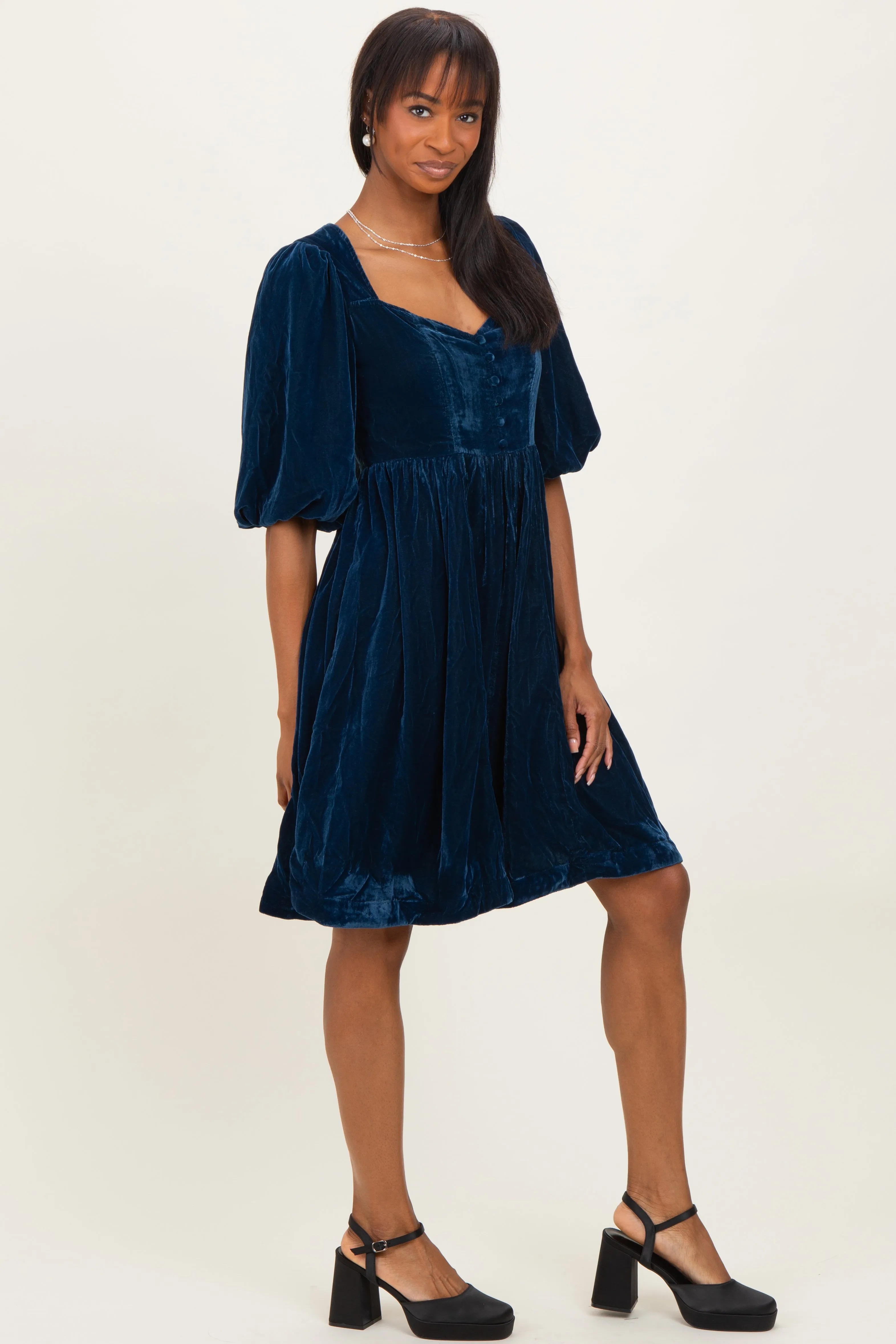 Navy Velvet Sweetheart Button Accent Dress sold by Pinkblush product image thumbnail 3
