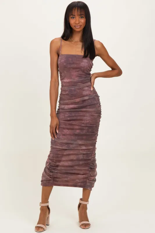 Mauve Printed Metallic Ruched Midi Dress sold by Pinkblush