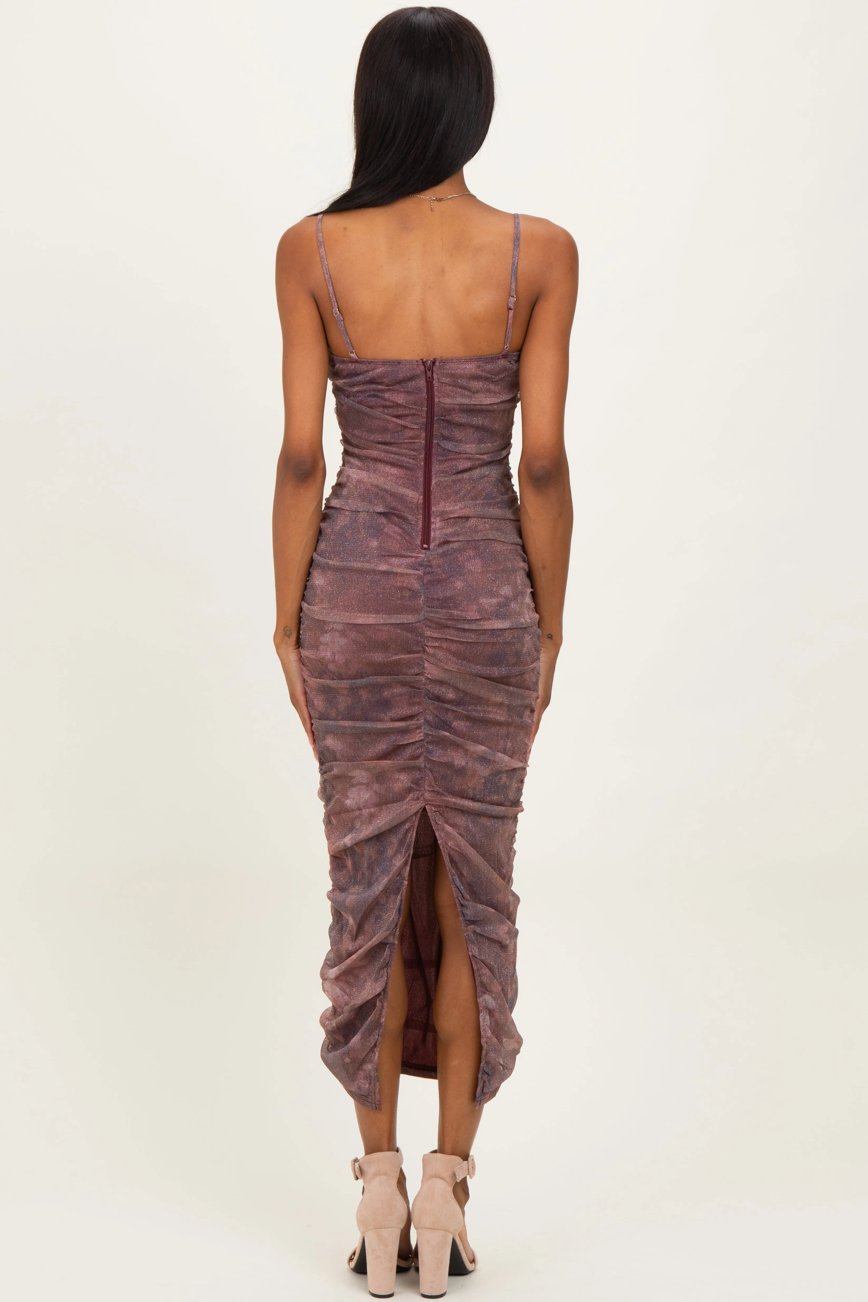 Mauve Printed Metallic Ruched Midi Dress sold by Pinkblush product image thumbnail 2
