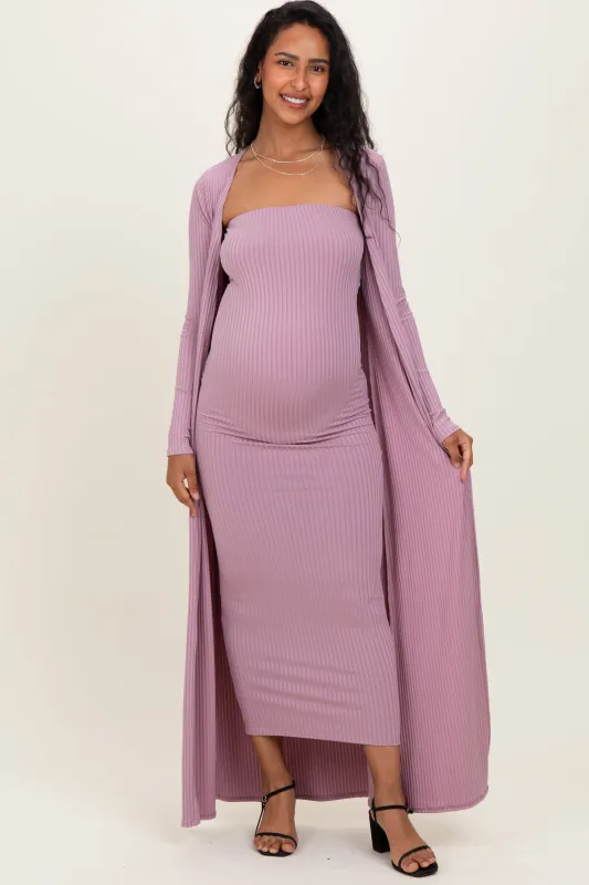 Violet Ribbed Sleeveless Dress Cardigan Maternity Set sold by Pinkblush