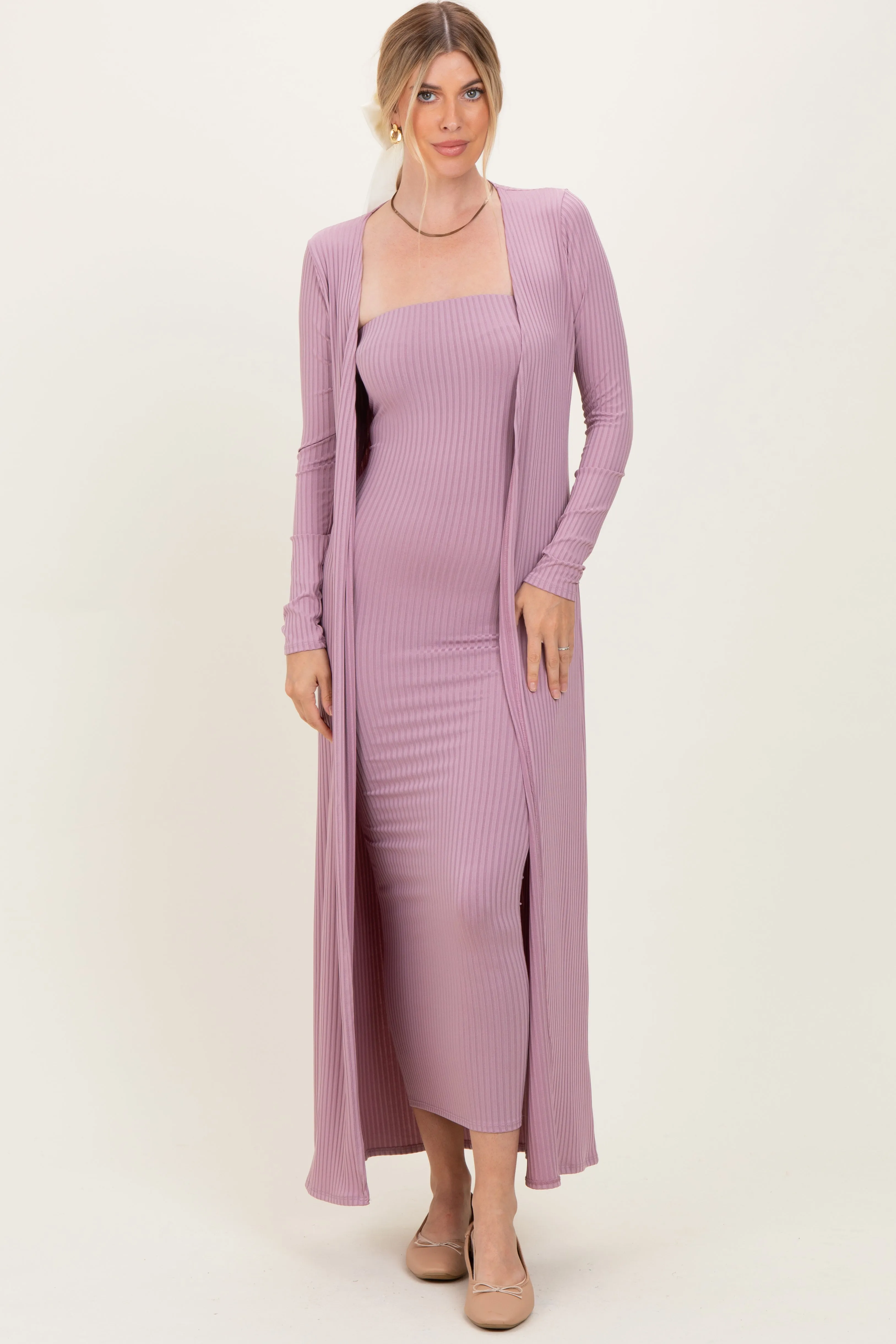 Violet Ribbed Sleeveless Dress Cardigan Maternity Set sold by Pinkblush product image thumbnail 5