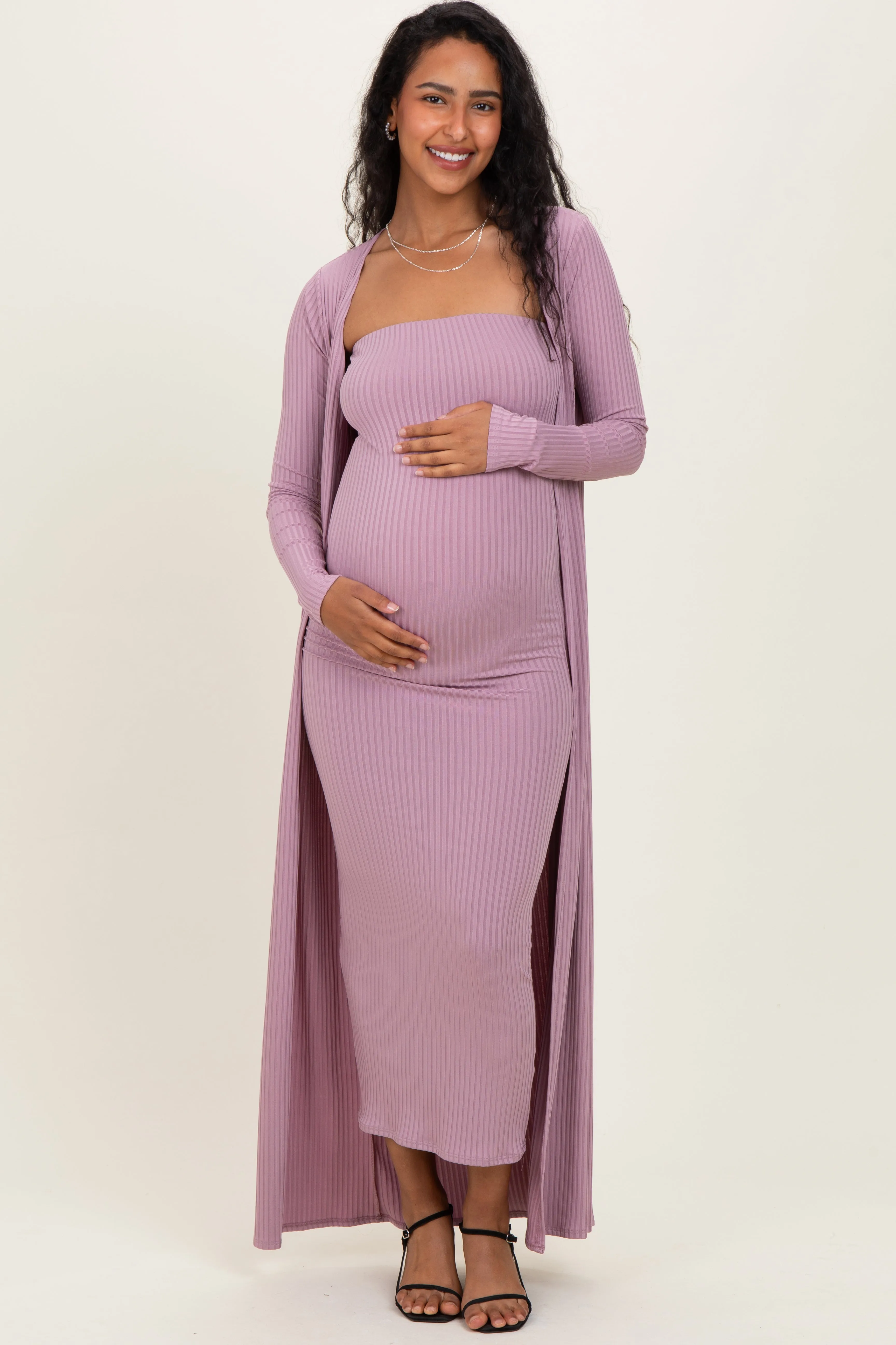 Violet Ribbed Sleeveless Dress Cardigan Maternity Set sold by Pinkblush product image thumbnail 2