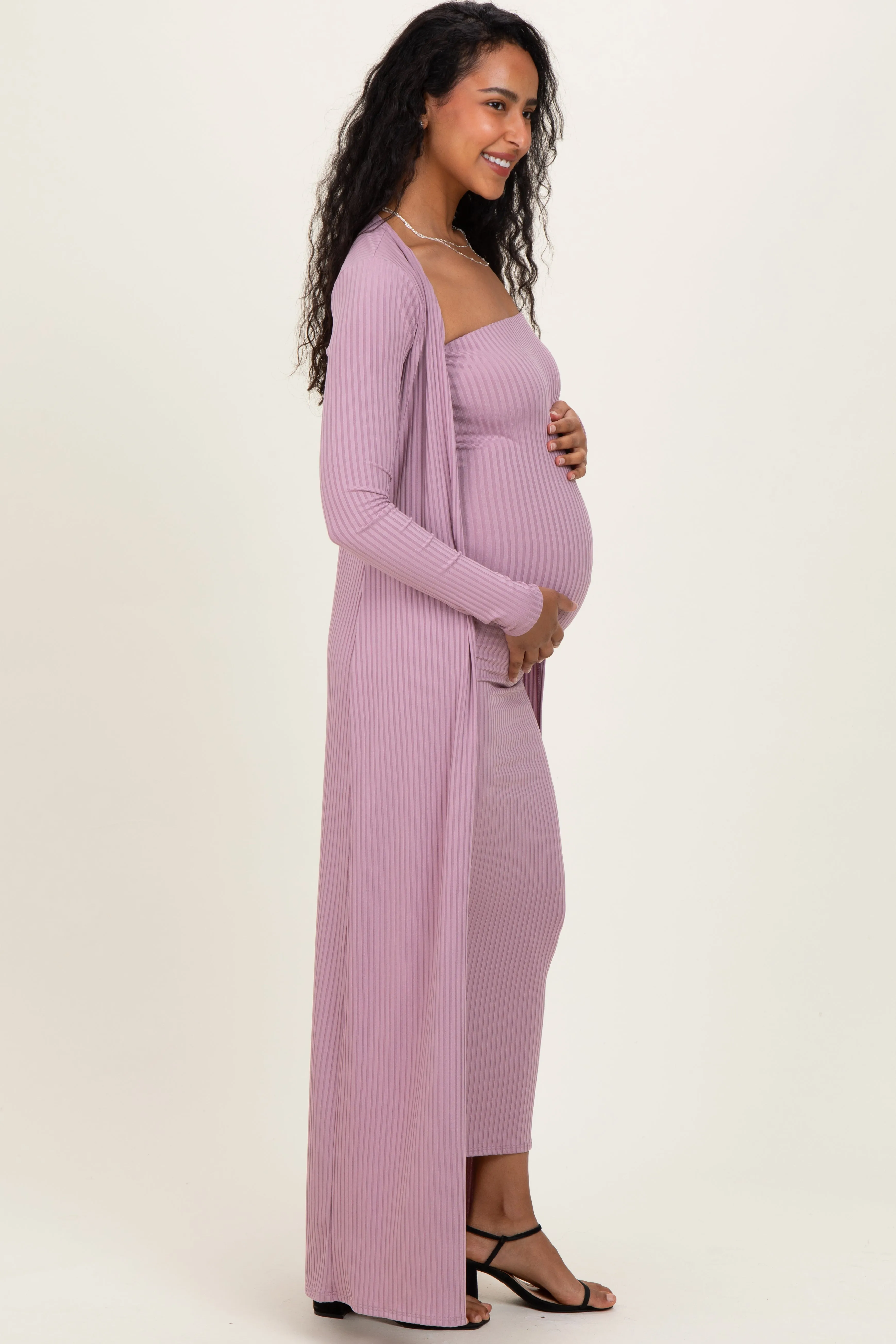 Violet Ribbed Sleeveless Dress Cardigan Maternity Set sold by Pinkblush product image thumbnail 3