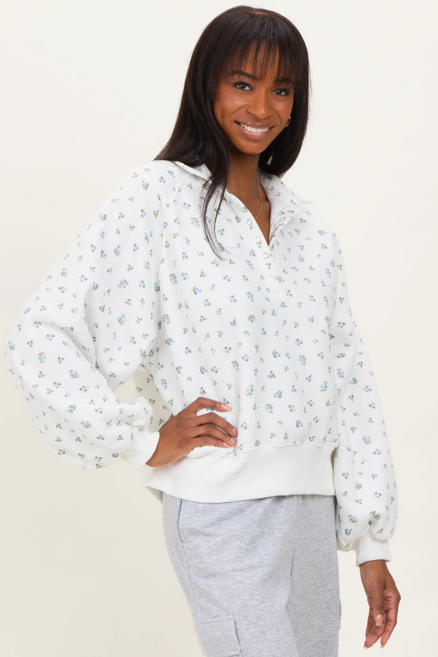 Ivory Floral Bubble Sleeve Snap Collar Sweatshirt sold by Pinkblush product image thumbnail 2