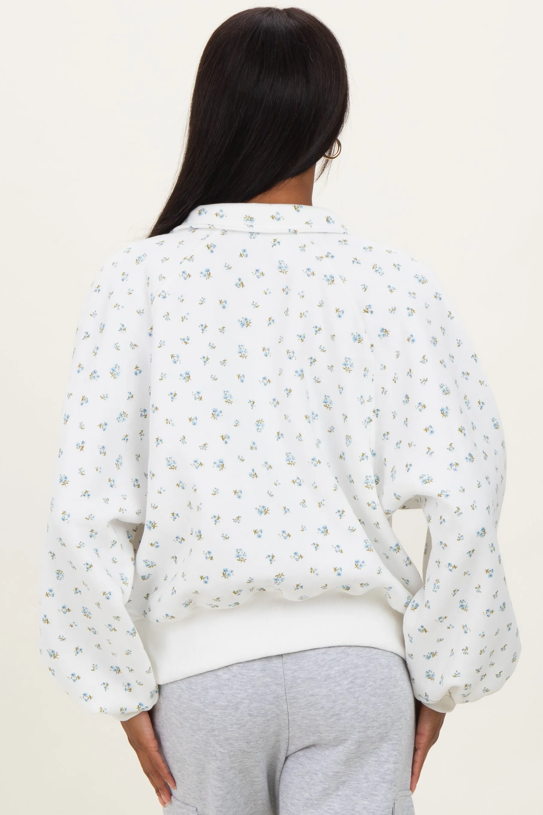 Ivory Floral Bubble Sleeve Snap Collar Sweatshirt sold by Pinkblush product image thumbnail 3