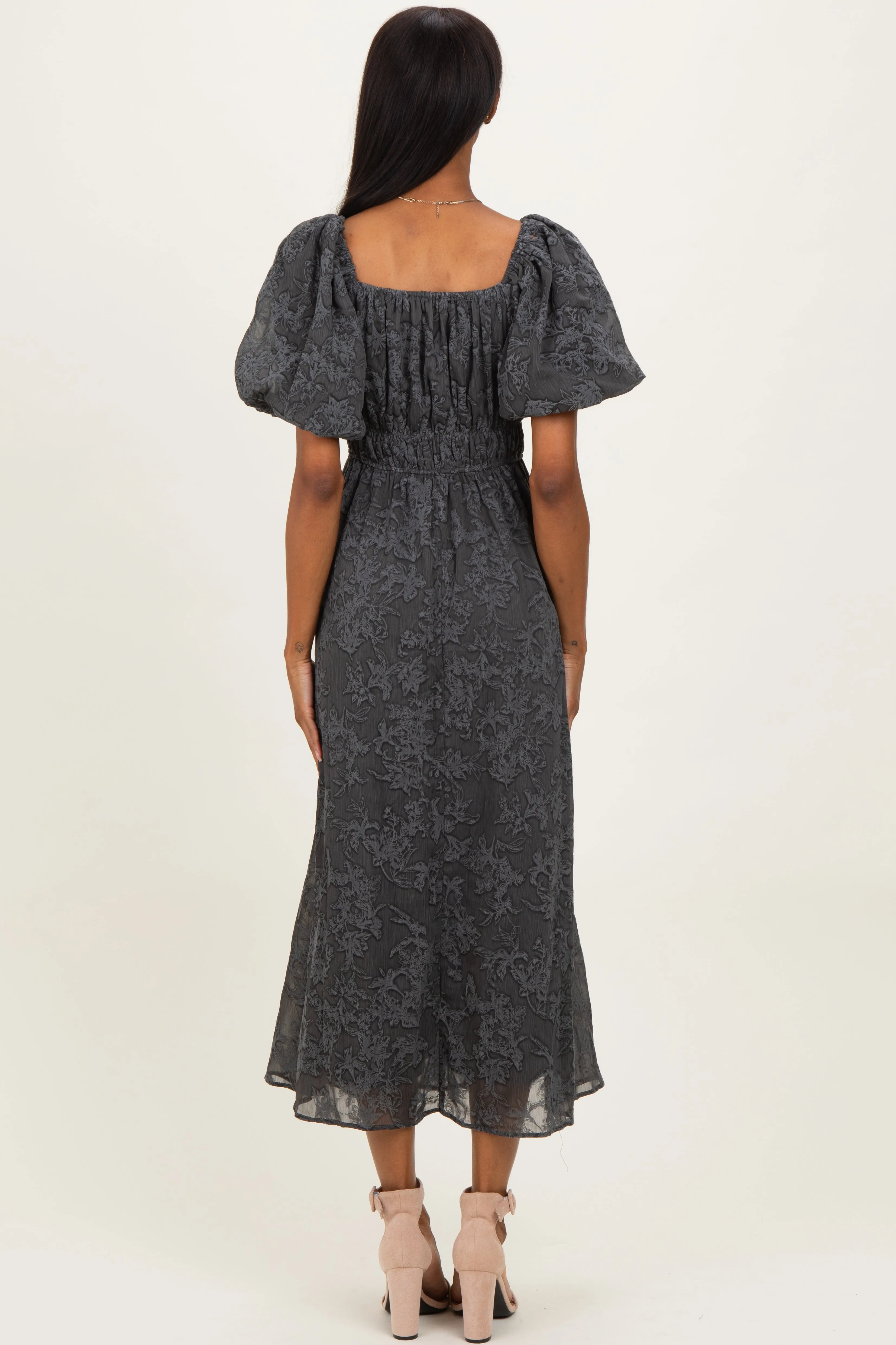 Charcoal Floral Square Neck Bubble Sleeve Mid Dress sold by Pinkblush product image thumbnail 3